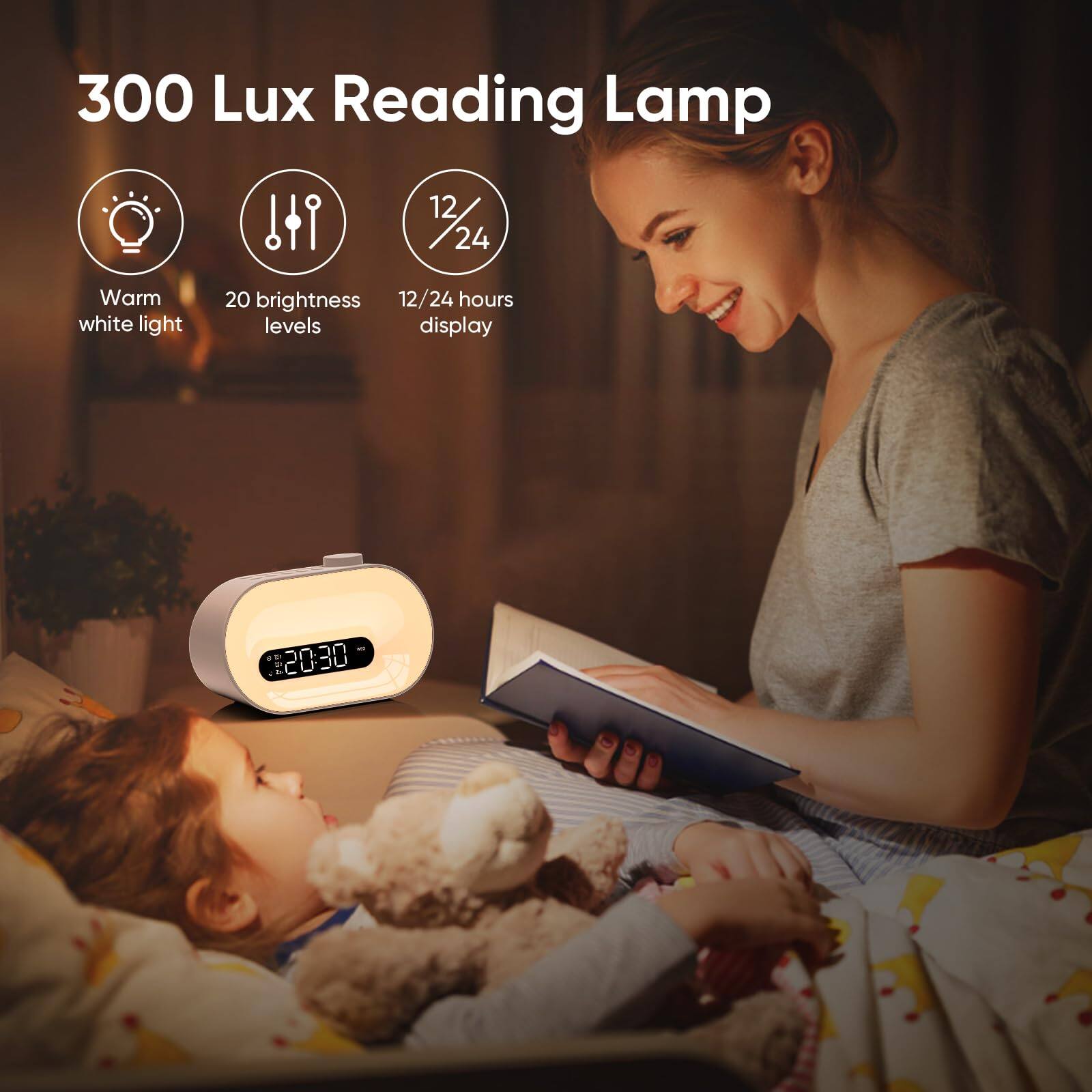 300 Lux Reading Lamp

- Warm white light
- 20 brightness levels
- 12/24 hours display