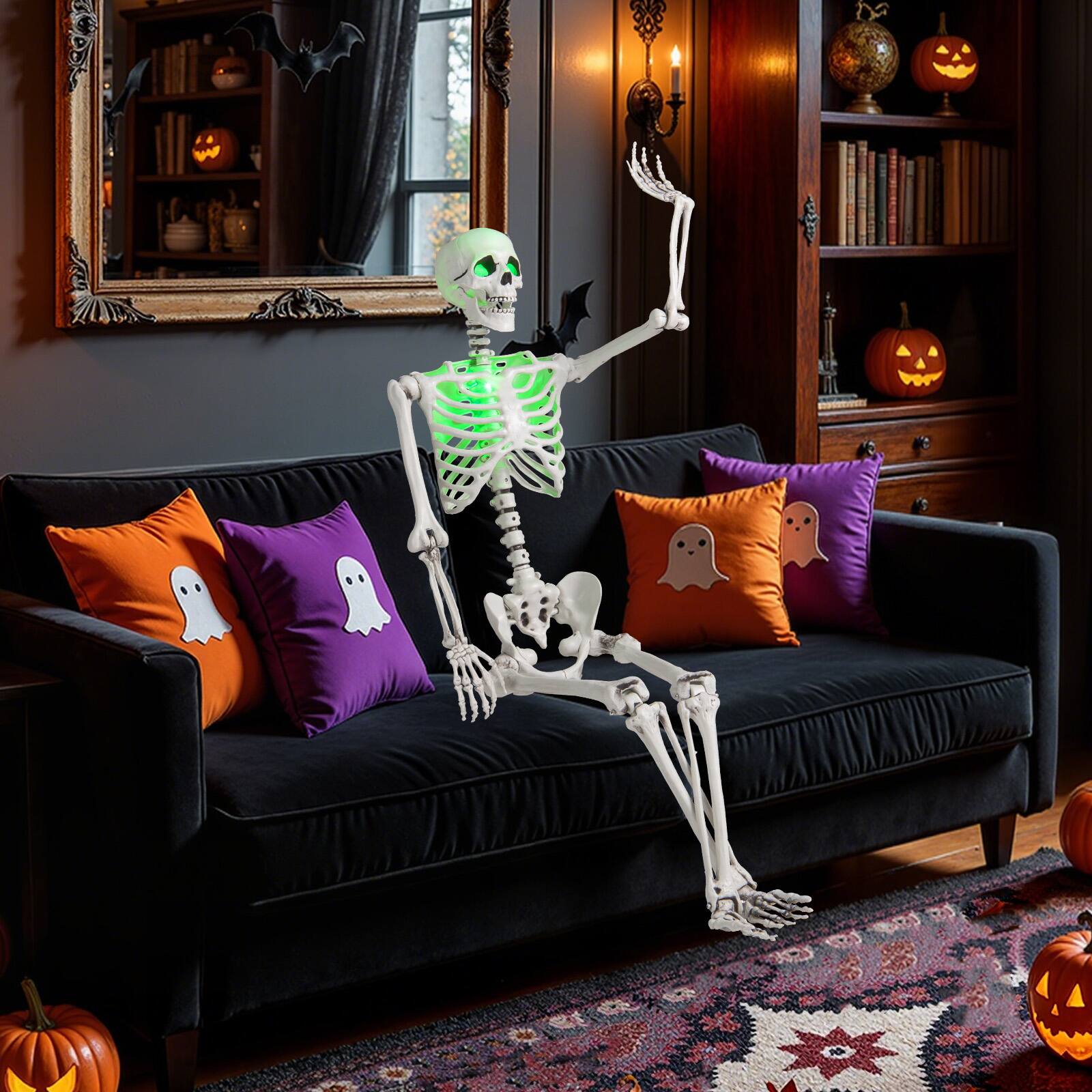 Alt View 5. Costway - Costway 5.5FT Poseable Halloween Skeleton Life-Size Decoration with Built-in Lights - White,Green.