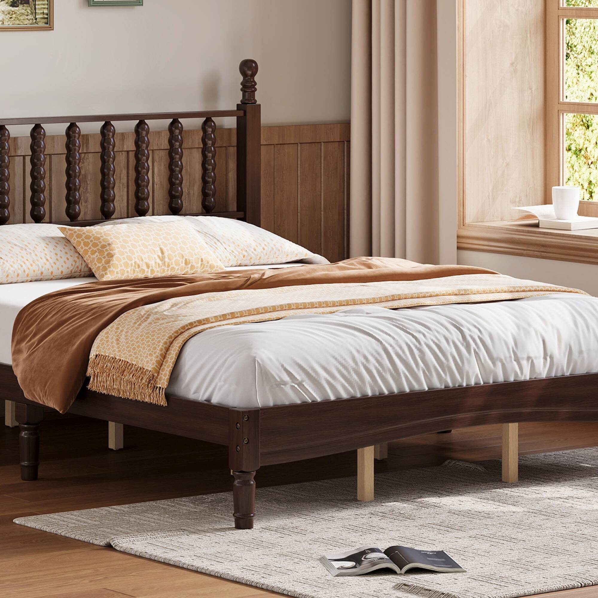 Alt View 6. GOODSILO - Queen Size Retro Wood Platform Bed with Gourd Shaped Headboard and Wooden Slat Support - Walnut.