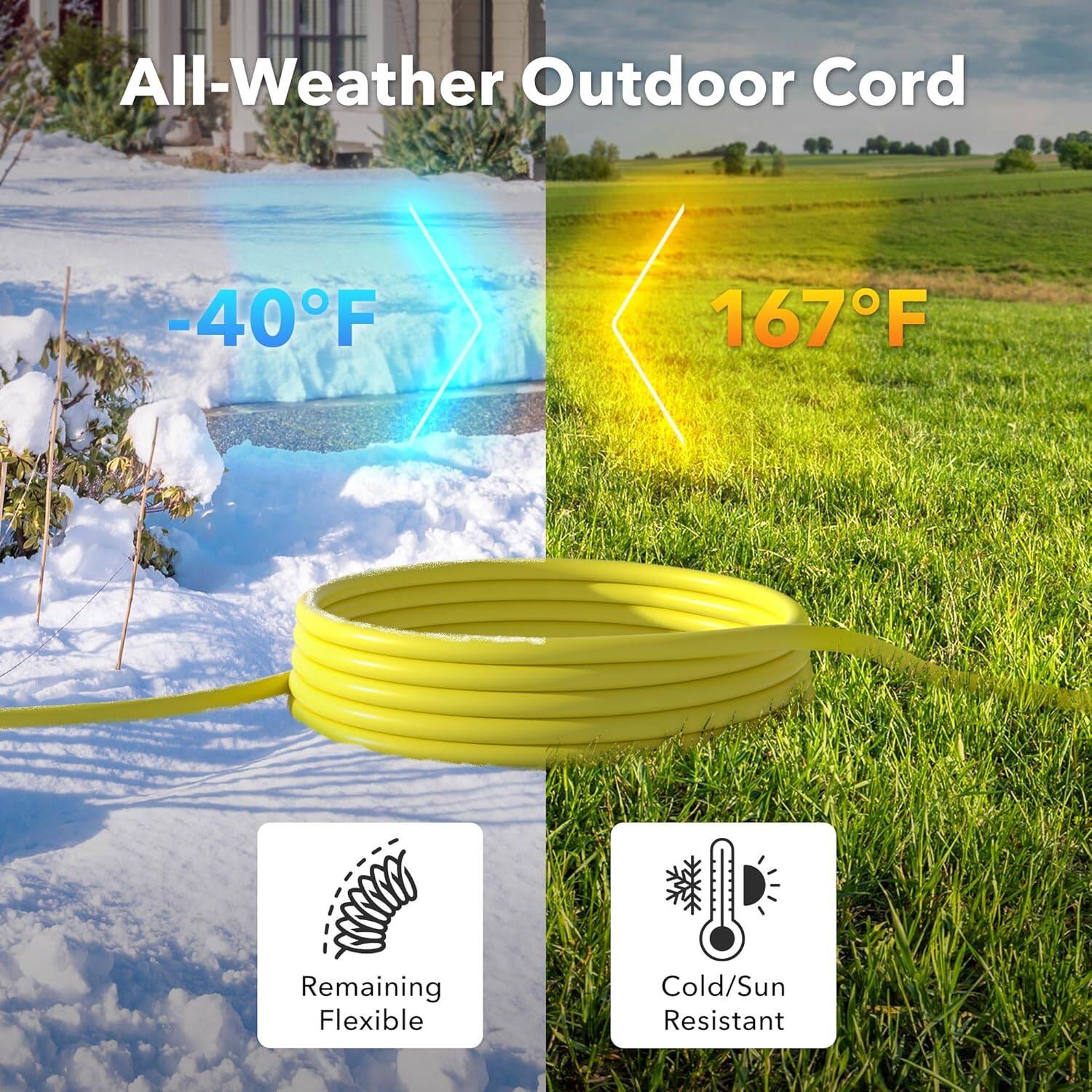 All-Weather Outdoor Cord

-40°F

167°F

Remaining Flexible

Cold/Sun Resistant