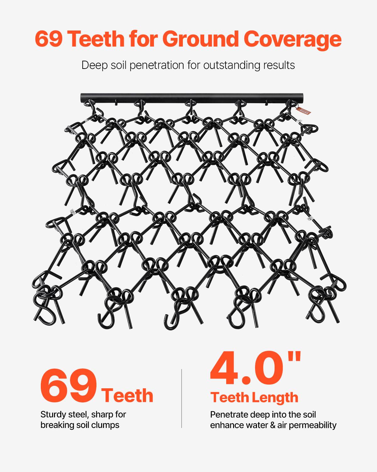 69 Teeth for Ground Coverage
Deep soil penetration for outstanding results
69 Teeth
Sturdy steel, sharp for breaking soil clumps
4.0" Teeth Length
Penetrate deep into the soil enhance water & air permeability