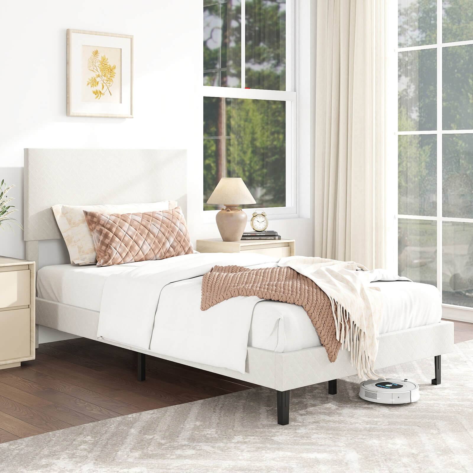 Alt View 1. Costway - Costway Twin Size Velvet Bed Frame with Height Adjustable Chevron Headboard,Noise Free - Beige.