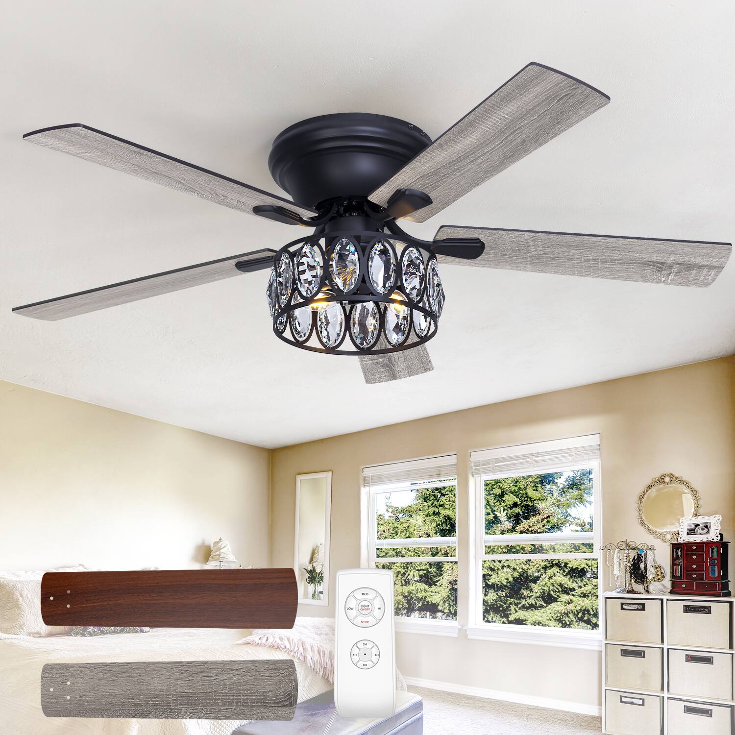 Left. Breezary - 52'' Flush Mount Ceiling Fan with Light Kit, Low Profile Indoor Crystal Fan, 5 Blades, 6-Speed DC Motor, Remote, Timer - Black with Two-tone Wood Grain Blades.
