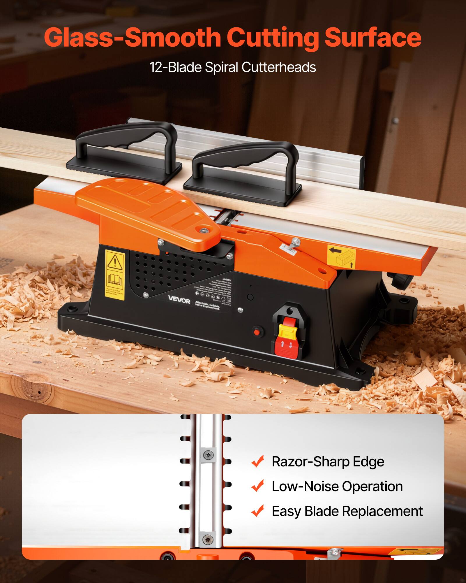 Glass-Smooth Cutting Surface  
12-Blade Spiral Cutterheads  

- Razor-Sharp Edge  
- Low-Noise Operation  
- Easy Blade Replacement