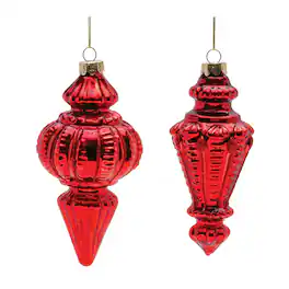 BreeBe - Ribbed Glass Finial Ornament (Set of 6) - Red