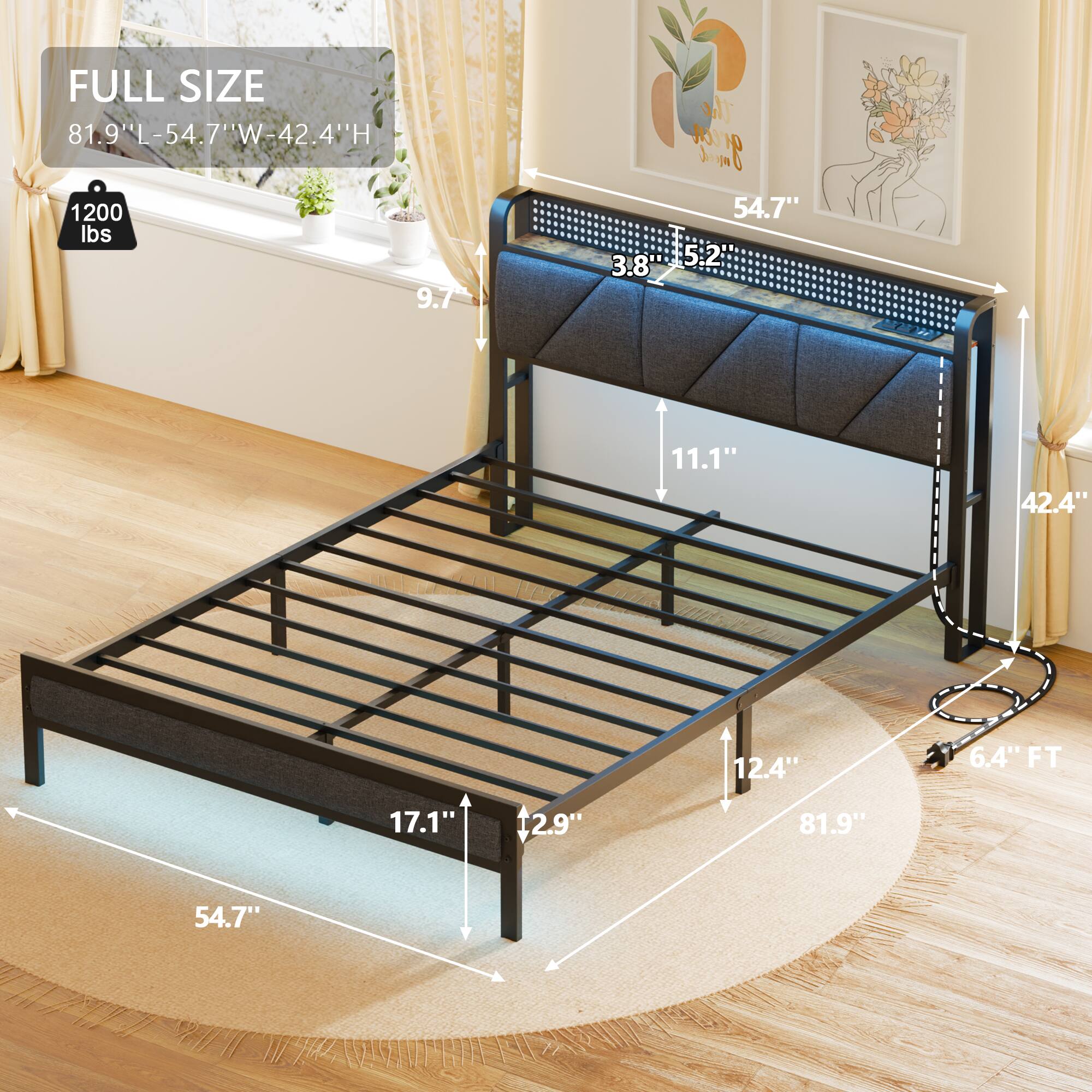 FULL SIZE  
81.9"L - 54.7"W - 42.4"H  
1200 lbs  

9.7"  
3.8"  
5:2"  
11.1"  
42.4"  
17.1"  
12.9"  
81.9"  
6.4" FT  
54.7"