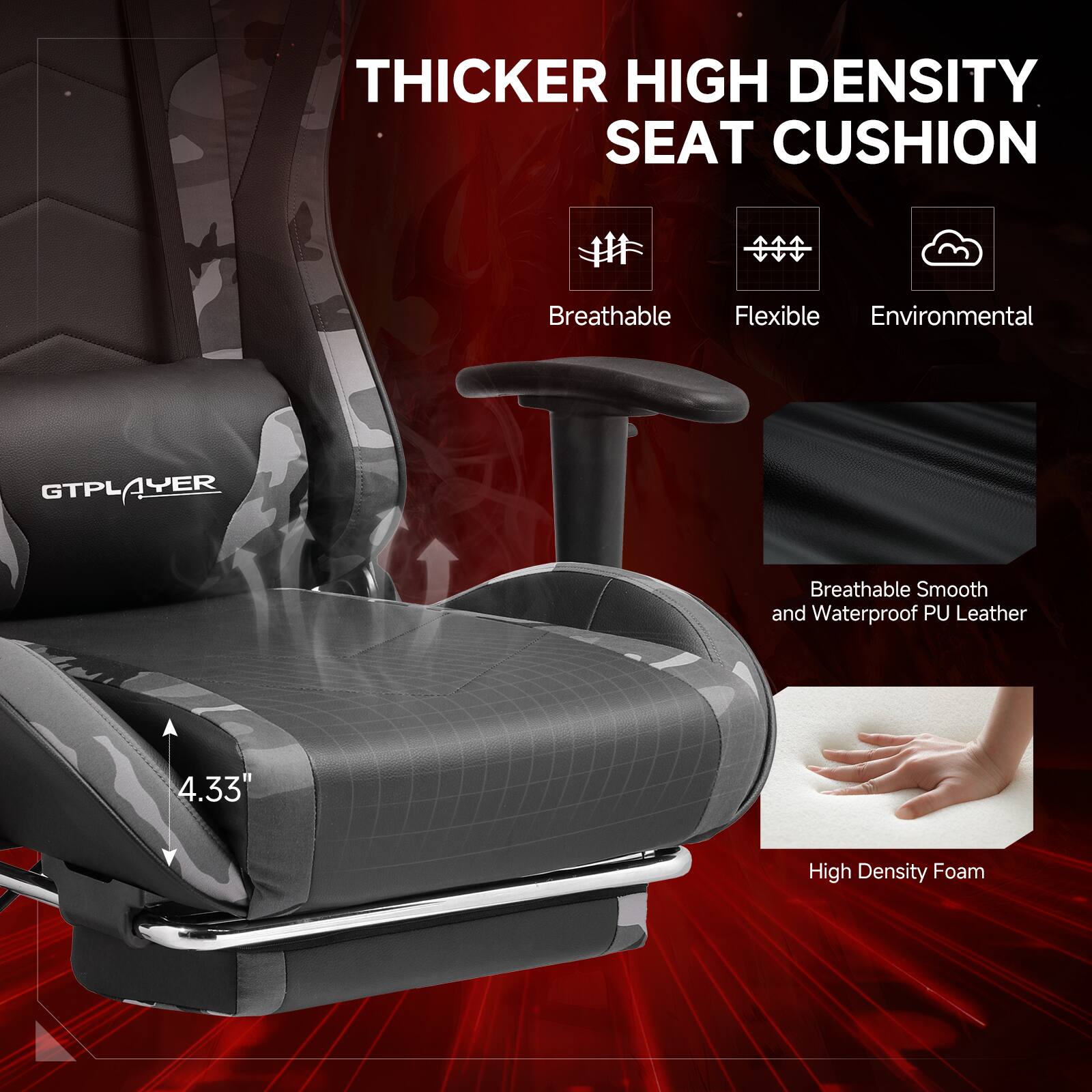 THICKER HIGH DENSITY SEAT CUSHION, Breathable, Flexible, Environmental, GTPLAYER, Breathable Smooth and Waterproof PU Leather, 4.33, High Density Foam