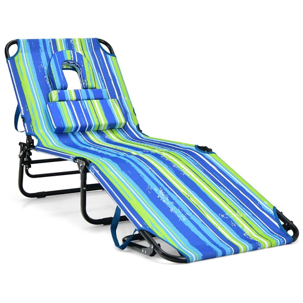 Back. Kadyn - Outdoor Chaise Lounge Chair, Beach Chaise Lounge Chair with Face Hole and Removable Pillow-Blue & Green - Blue.
