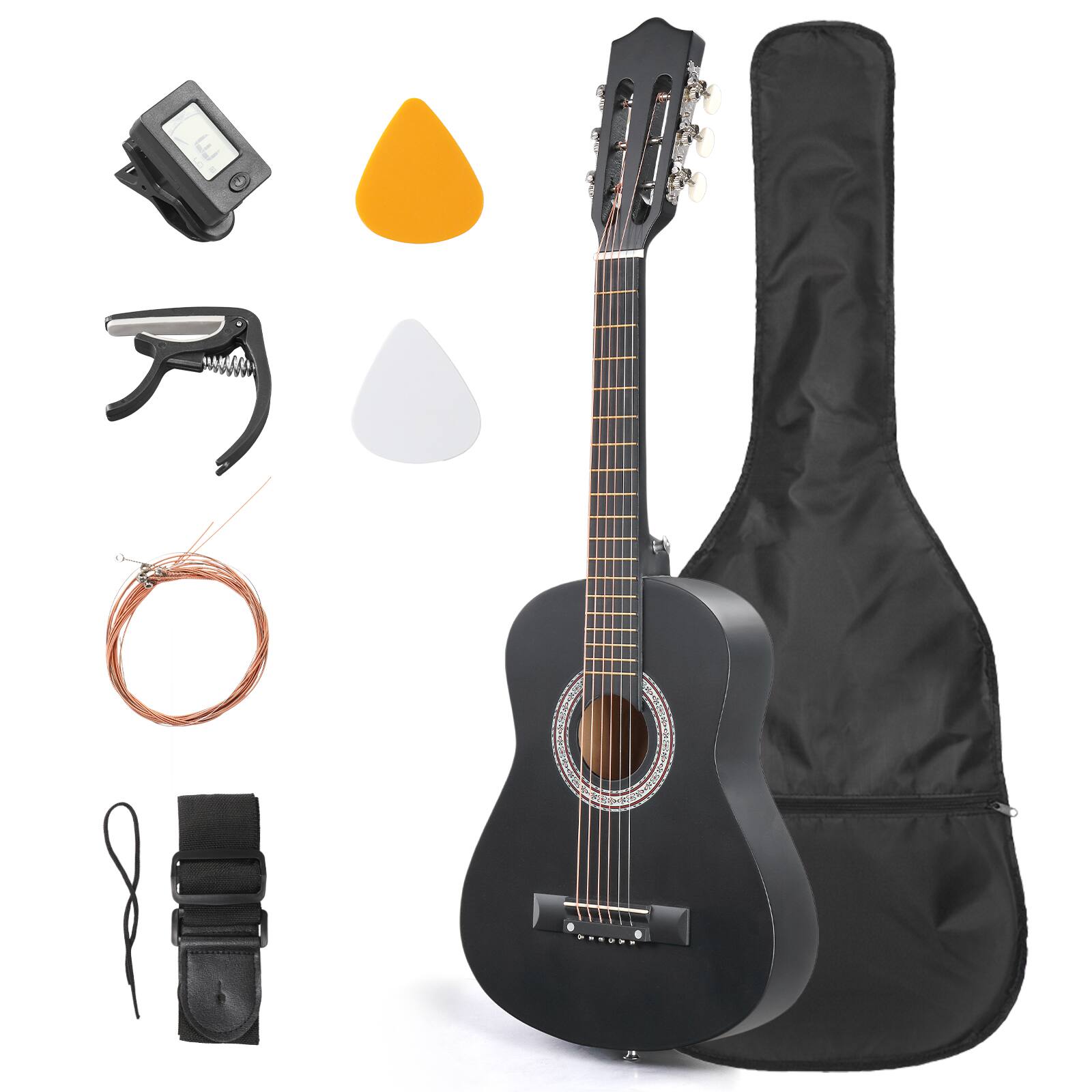 Front. Winado - 30 Inch Beginner Acoustic Guitar, 6 String Basswood Classical Guitars Full Kit with Bag, Strap, Picks, Capo for Kids - Black.
