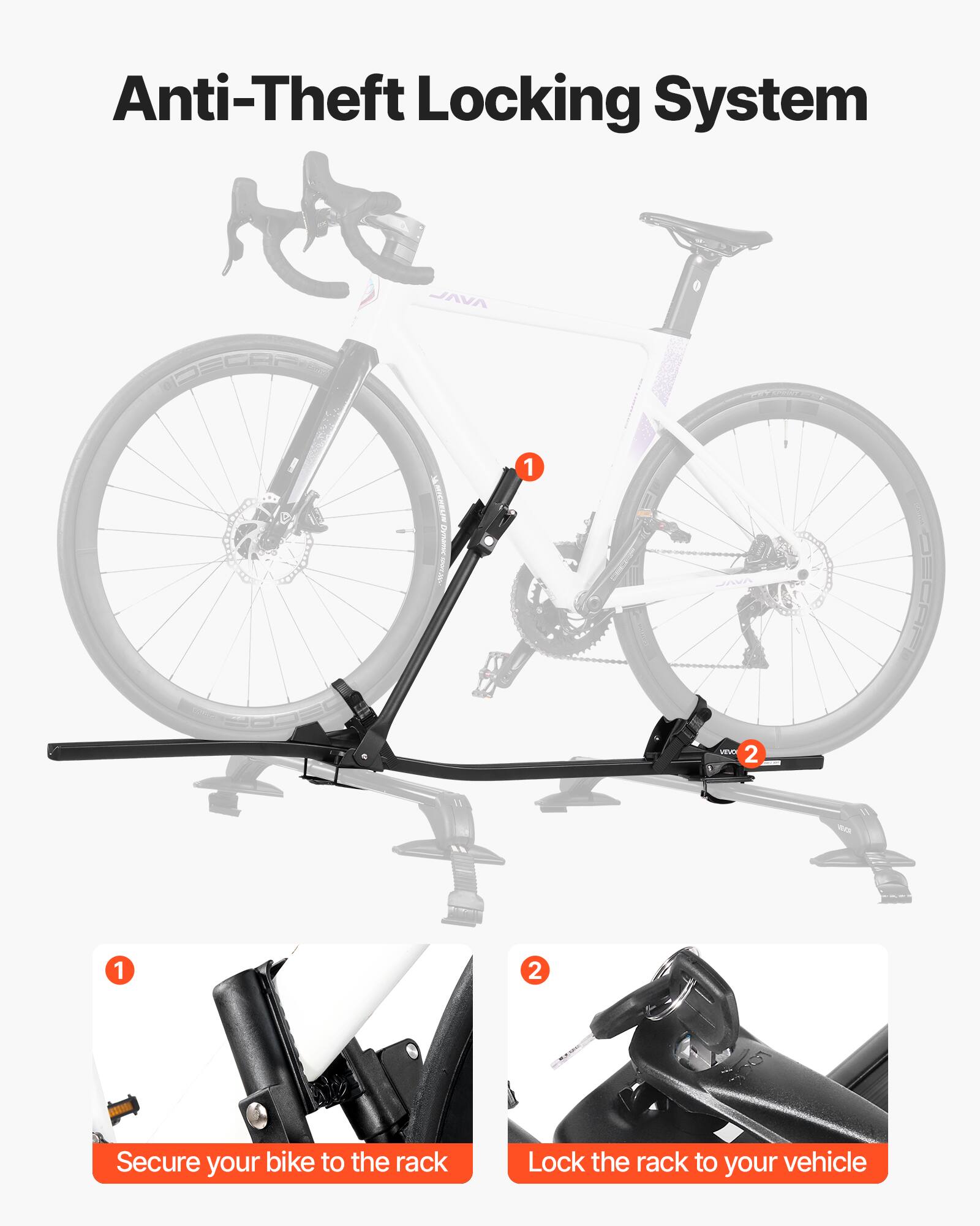 Anti-Theft Locking System | AVAL I E MICHELAW | Ian 8 1 nn VEUAA 2 1 2 | Secure your bike to the rack | Lock the rack to your vehicle