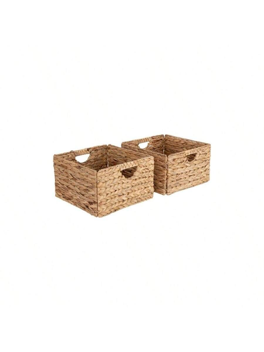 Front. Live At Space - Premium Natural Handwoven Portable Laundry Bin Basket with Carrying Handles, Household Storage Clothes, Linens, Sheets, - Natural Water Hyacinth + Rectangular (2 Pack).