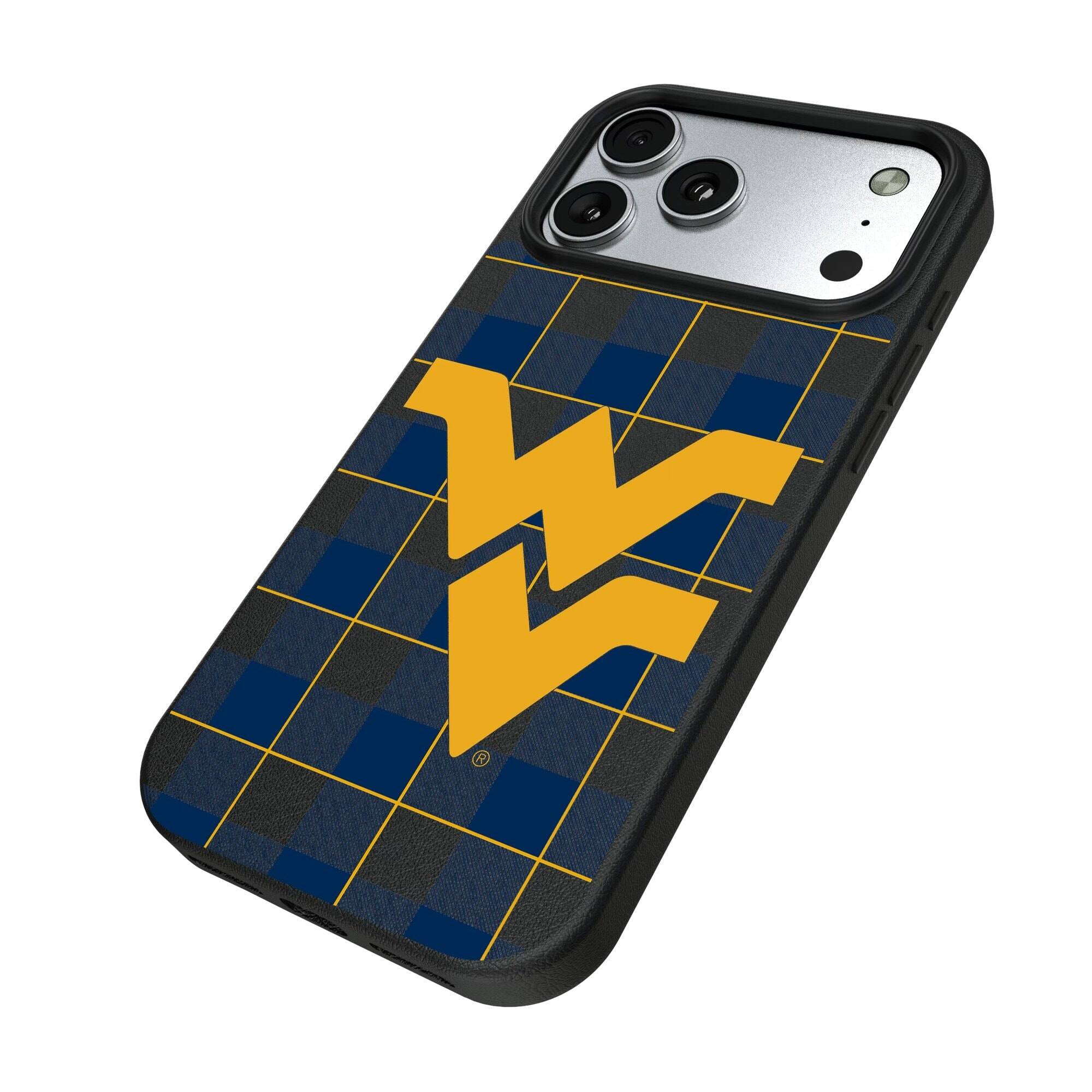 Alt View 1. Keyscaper - West Virginia Mountaineers Plaid Magnetic Bump iPhone Case - 15 Pro Max - Black.