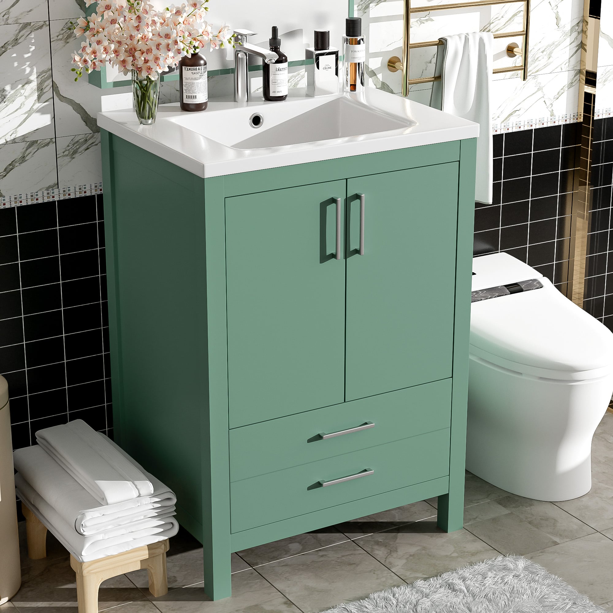 Tiramisubest - 24" Bathroom Vanity with Ceramic Sink Combo, Modern Storae Cabinet with Silver Handles, Soft Closing Doors - Green