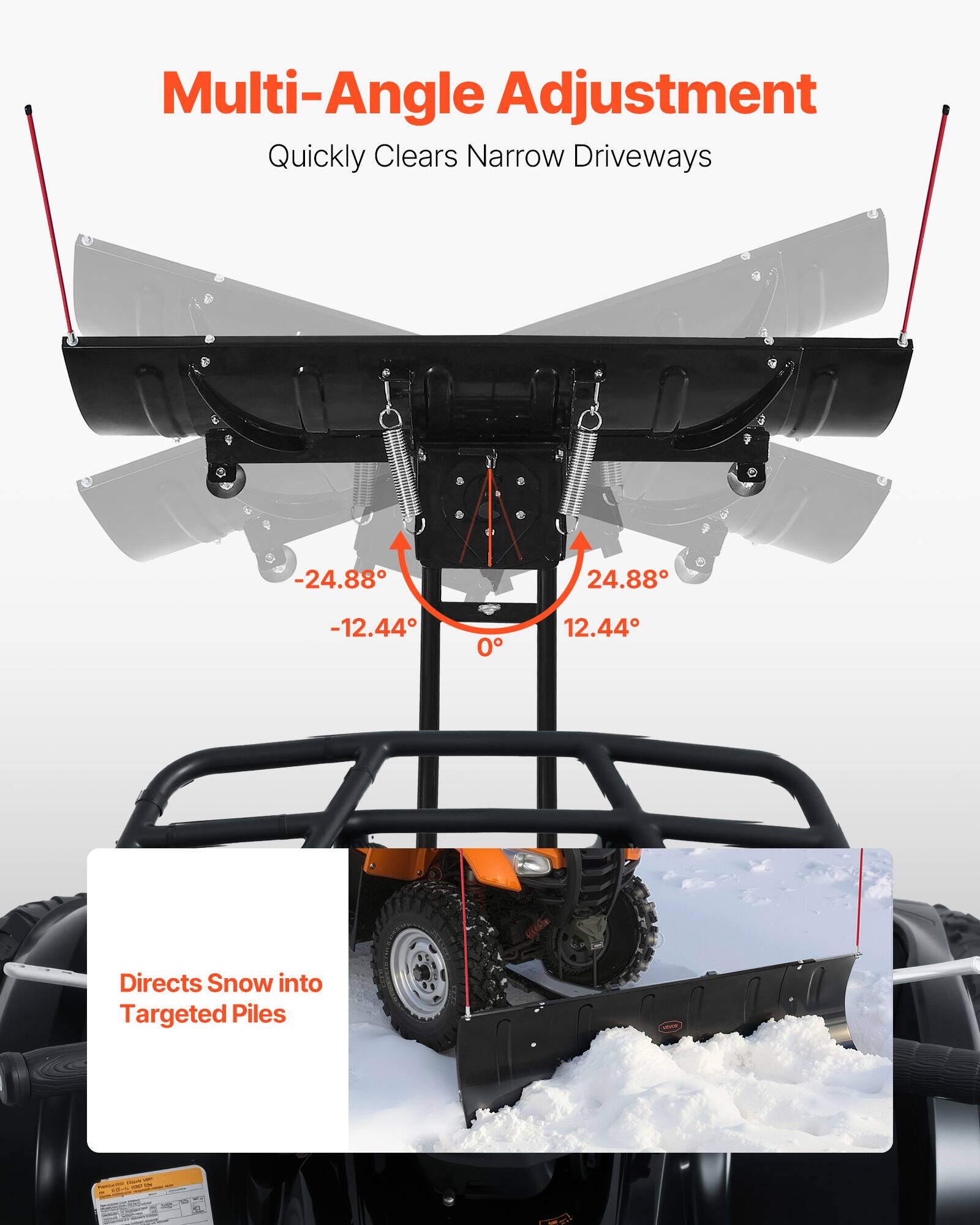 Multi-Angle Adjustment  
Quickly Clears Narrow Driveways  

-24.88°  
-12.44°  
0°  
12.44°  
24.88°  

Directs Snow into Targeted Piles