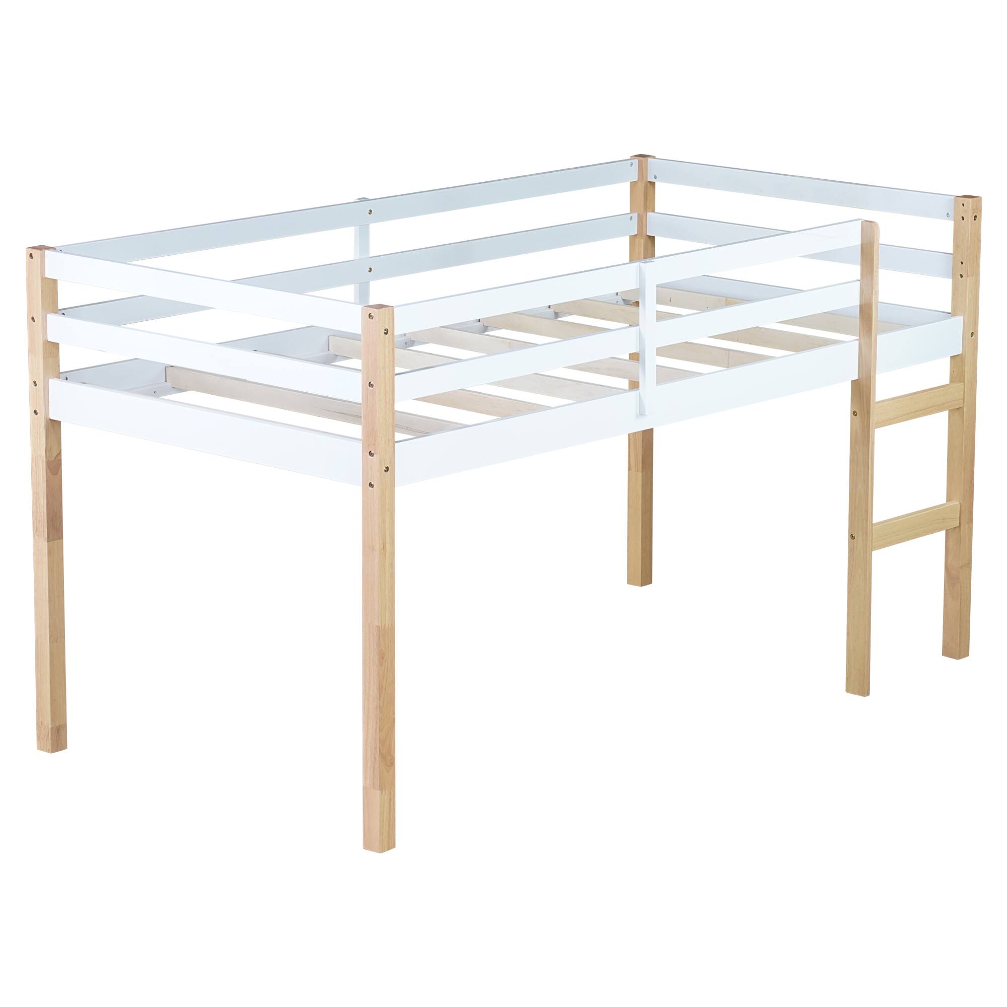 Alt View 5. GOODSILO - Solid Wood Twin Loft Bed with Ladder and Strengthened Slats for Enhanced Stability and Space Optimization - Natural+White.