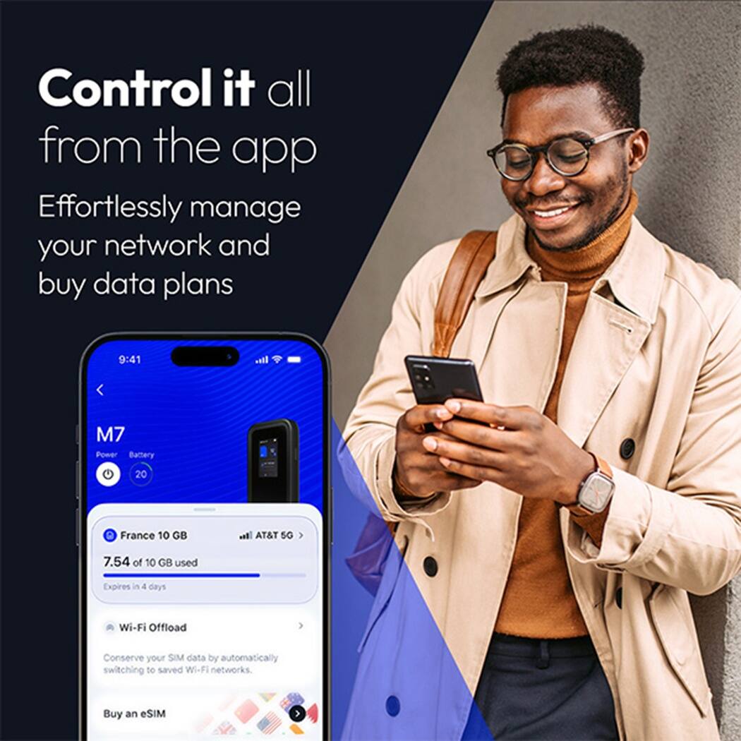 Control it all from the app  
Effortlessly manage your network and buy data plans  

9:41  
M7  
Power Battery 20  
France 10 GB  
7.54 of 10 GB used  
Expires in 4 days  
Wi-Fi Offload  
Conserve your SIM data by automatically switching to saved Wi-Fi networks.  
Buy an eSIM