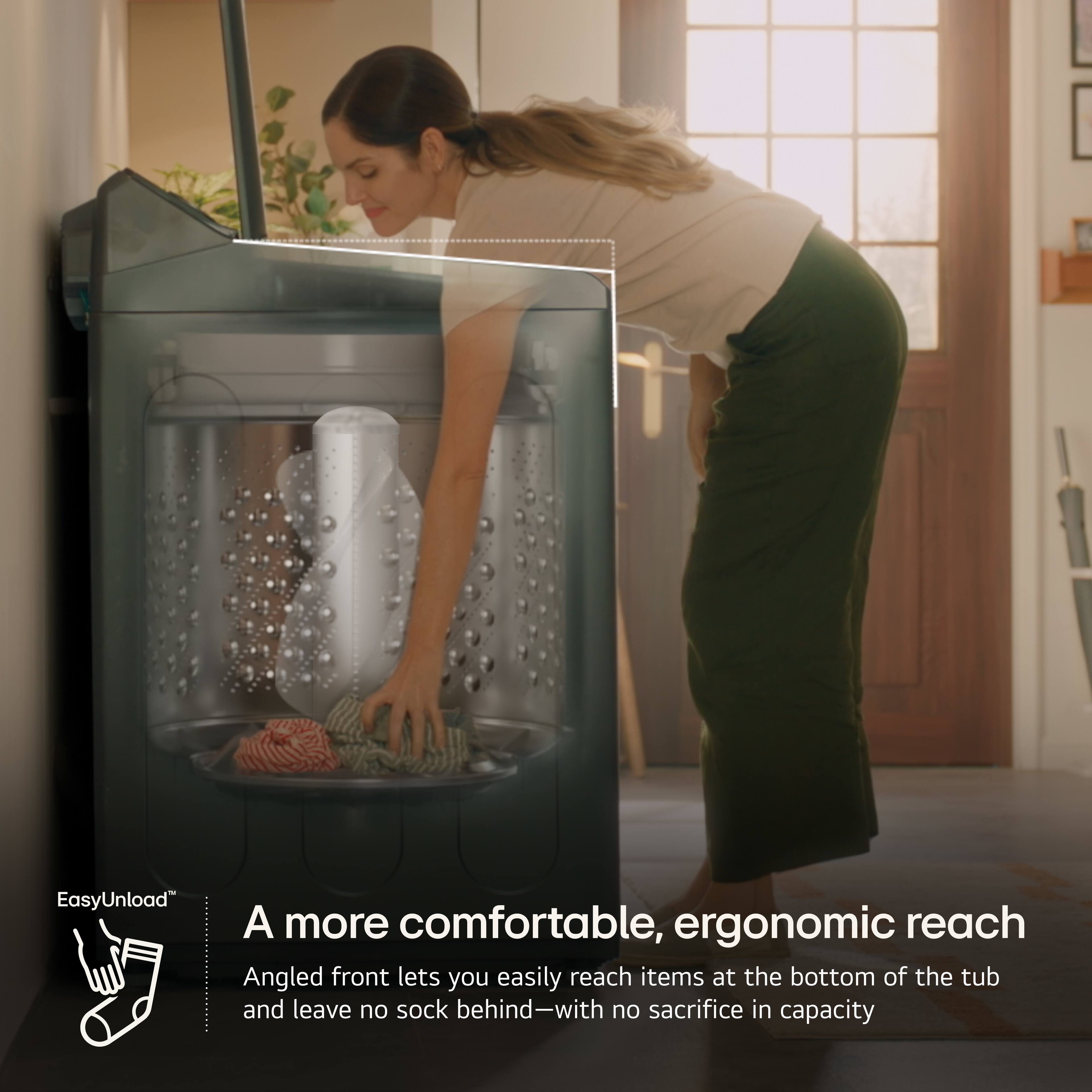EasyUnload offers a more comfortable and ergonomic reach, thanks to its angled front design. This feature allows you to easily access items at the bottom of the tub without having to bend down or sacrifice capacity. With EasyUnload, you can enjoy a more convenient and efficient laundry experience.