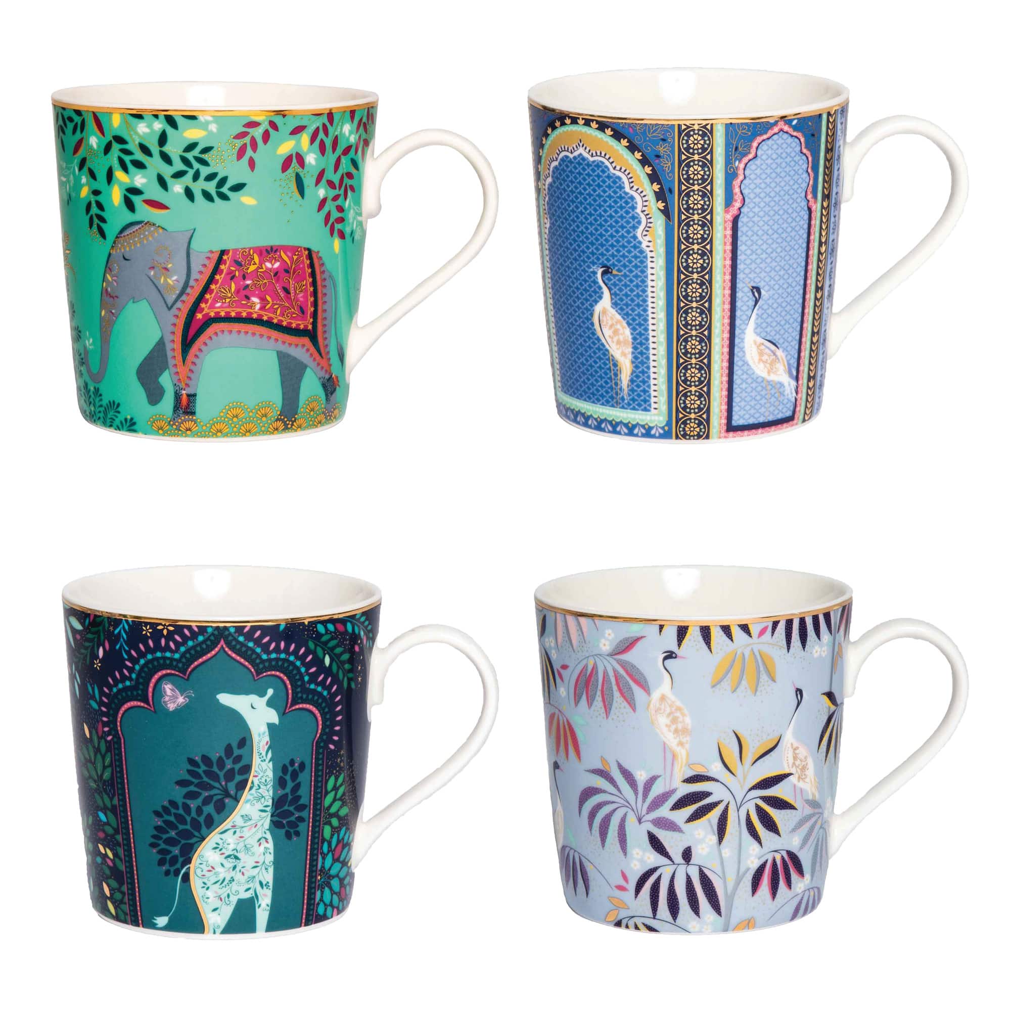 Portmeirion - Sara Miller India Mugs with 22ct Gold Design, 12 Oz - Set of 4 - Multicolor