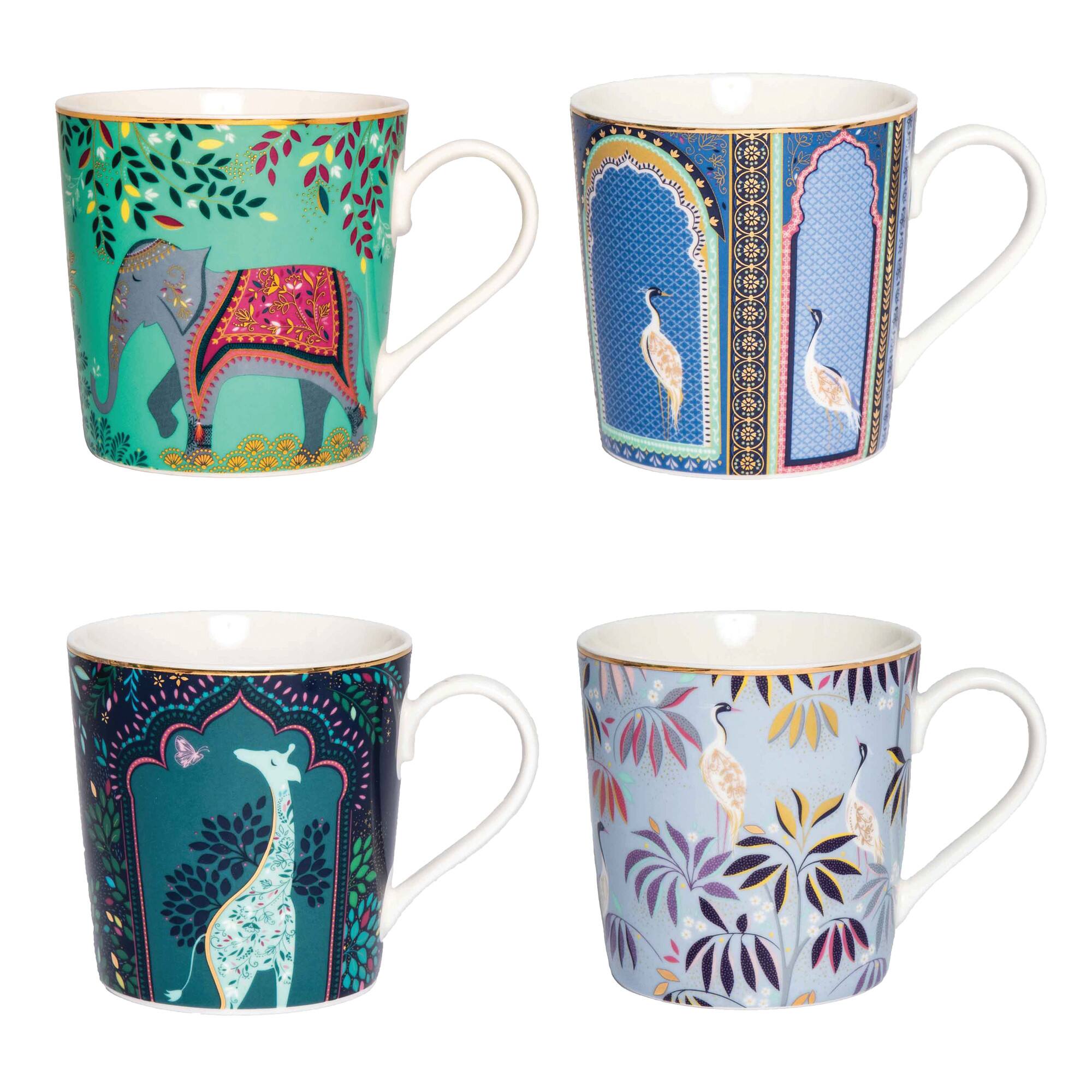 Front. Portmeirion - Portmeirion Sara Miller India Mugs with 22ct Gold Design, 12 Oz - Set of 4 - Multicolor.