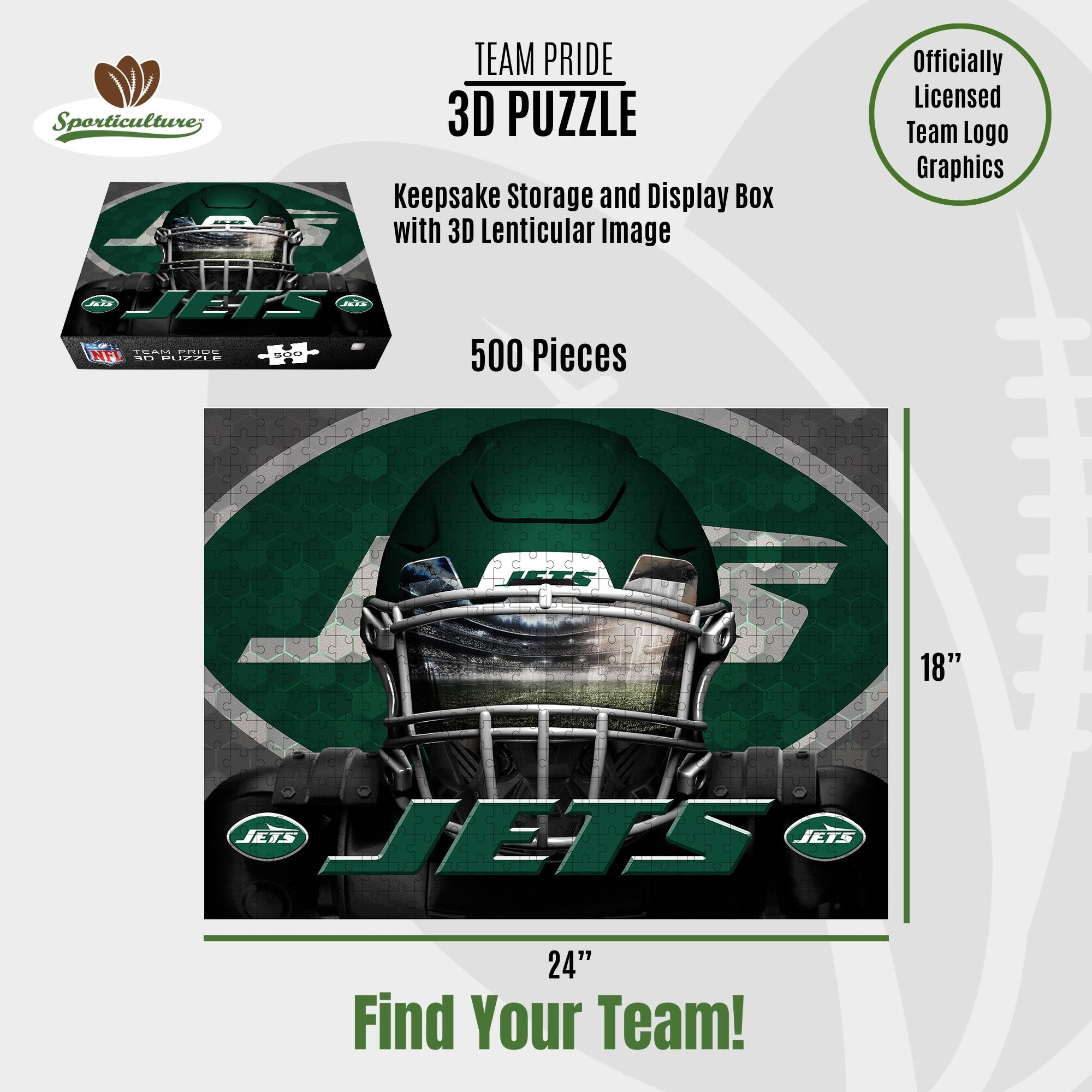 Sporticulture; TEAM PRIDE 3D PUZZLE Keepsake Storage and Display Box with 3D Lenticular Image Officially Licensed Team Logo Graphics 500 Pieces 18" JETS JETS 24" Find Your Team!