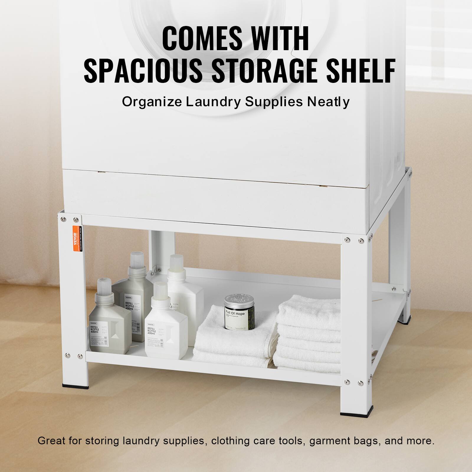 COMES WITH SPACIOUS STORAGE SHELF  
Organize Laundry Supplies Neatly  

Great for storing laundry supplies, clothing care tools, garment bags, and more.