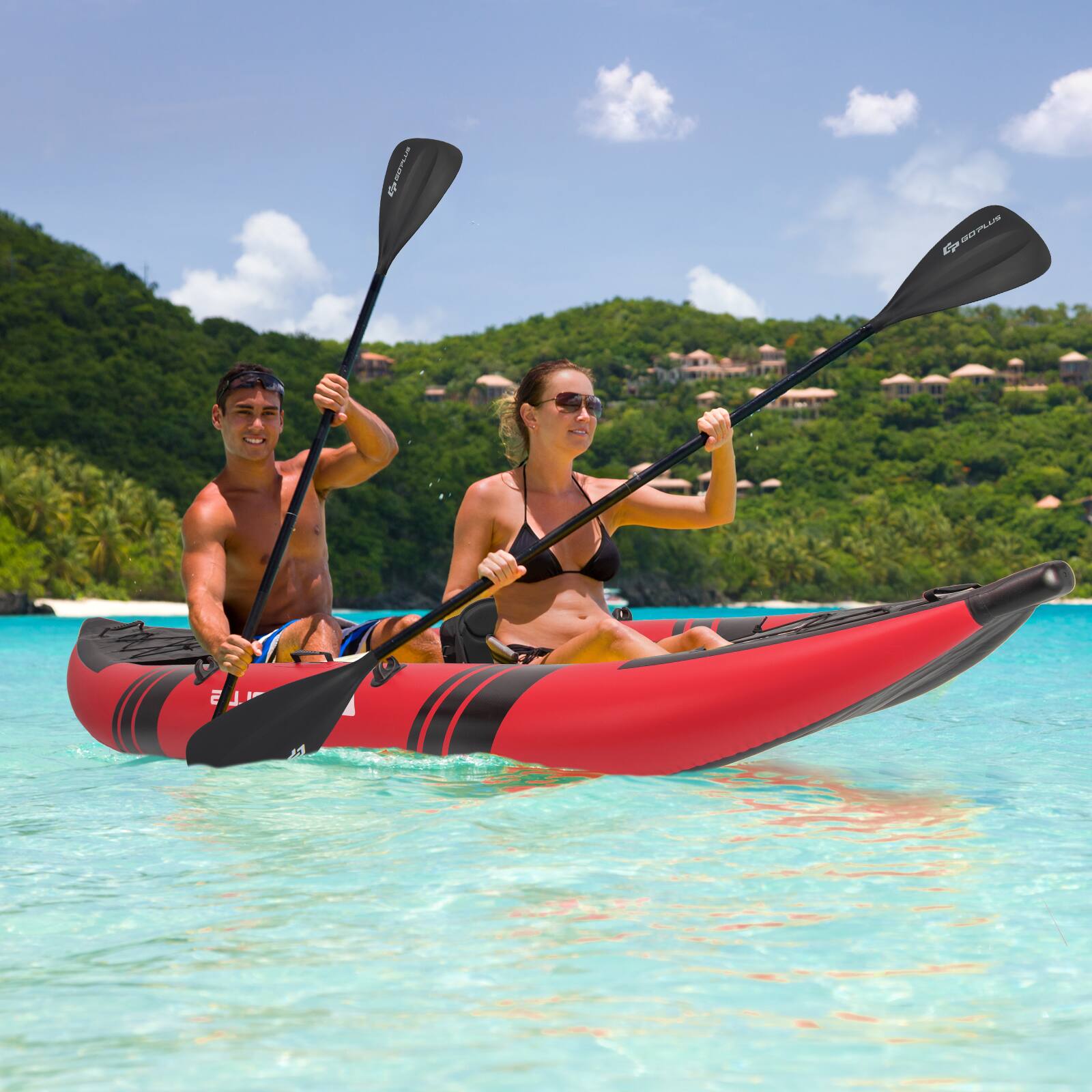 Alt View 4. Costway - Costway Inflatable Water Float Set Portable 2-person Kayak with Aluminium Oars EVA Padded Seat Red - Red.