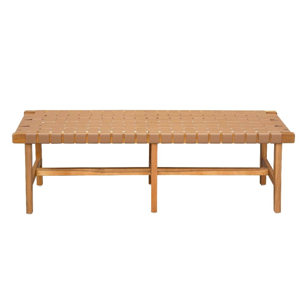 Alt View 2. Ropilly - Ropilly Acacia Wood Bedroom Bench with Woven PU Leather Seat, Teak Finish Accent Bench for End of Bed - Teak.
