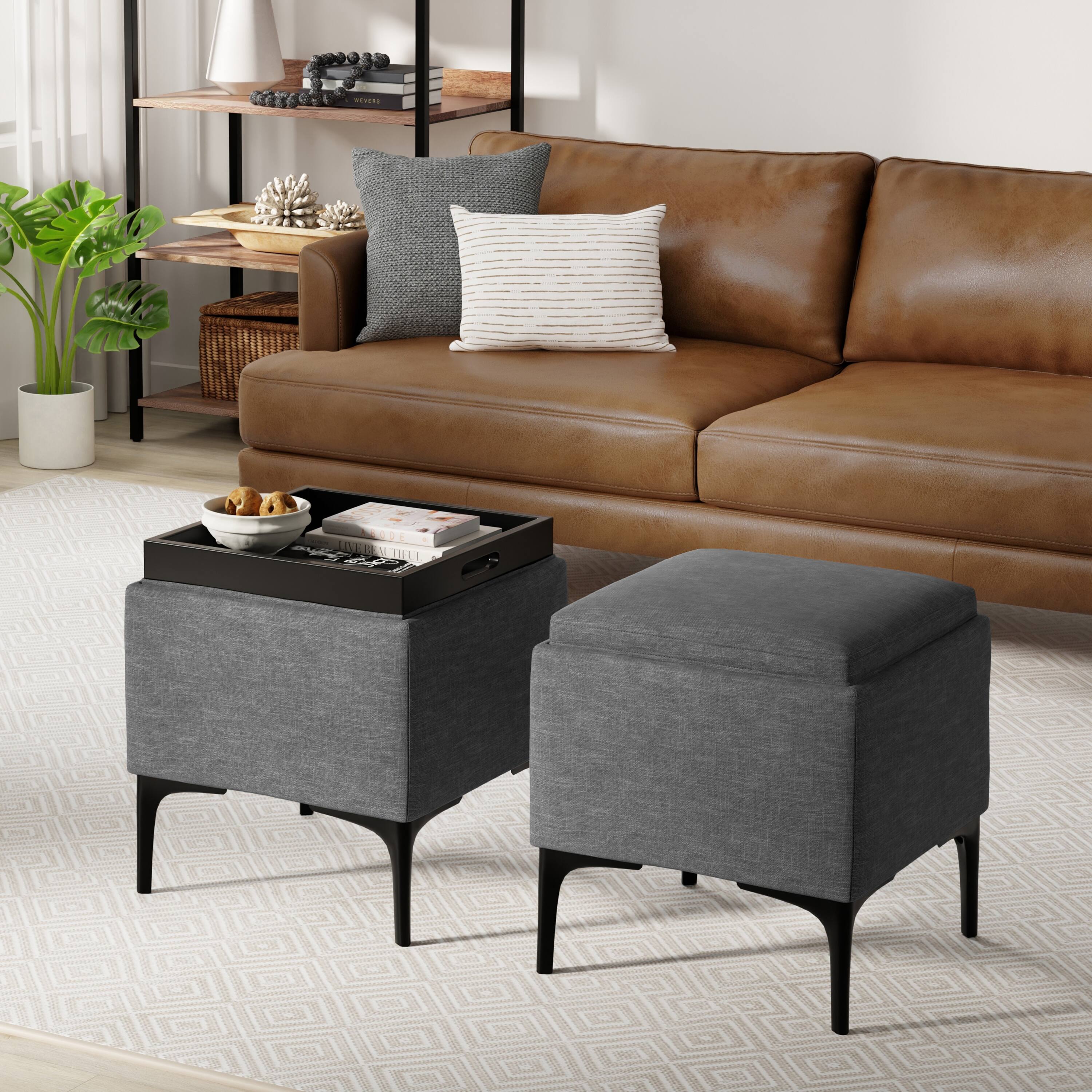Angle. Simpli Home - Natasha 18 inch Wide Mid Century Square Mid Century Storage Ottoman with Tray in Slate Grey Polyester Linen, Assembled - Slate Grey.
