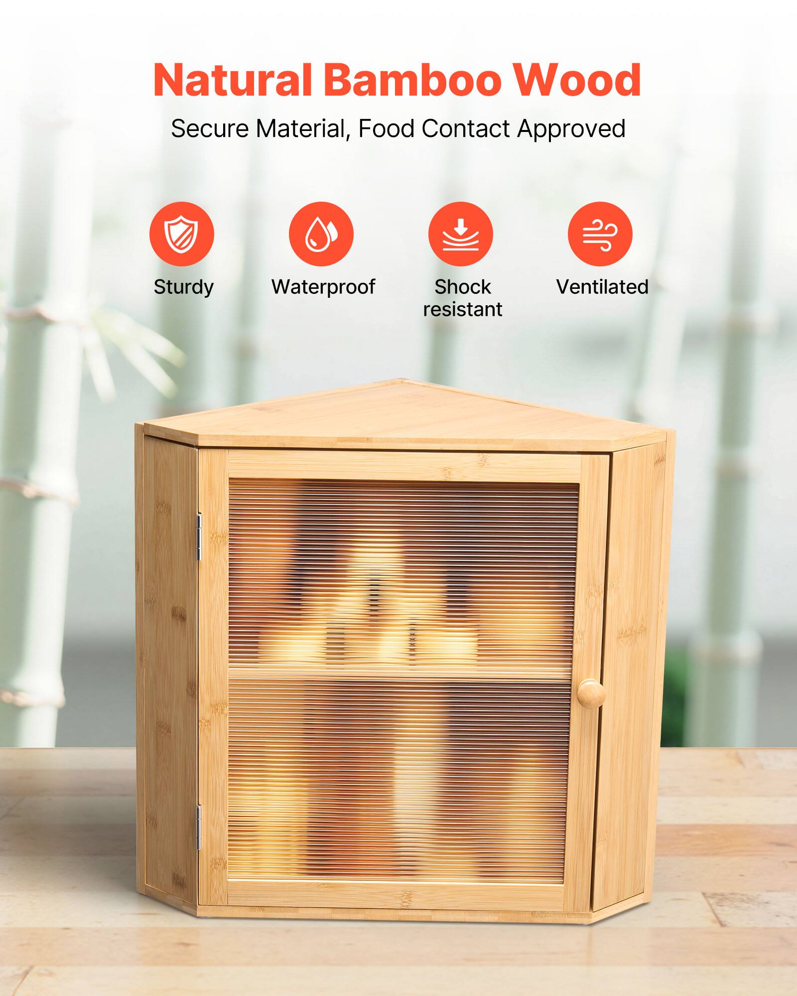 Natural Bamboo Wood
Secure Material, Food Contact Approved
Sturdy, Waterproof, Shock Resistant, Ventilated