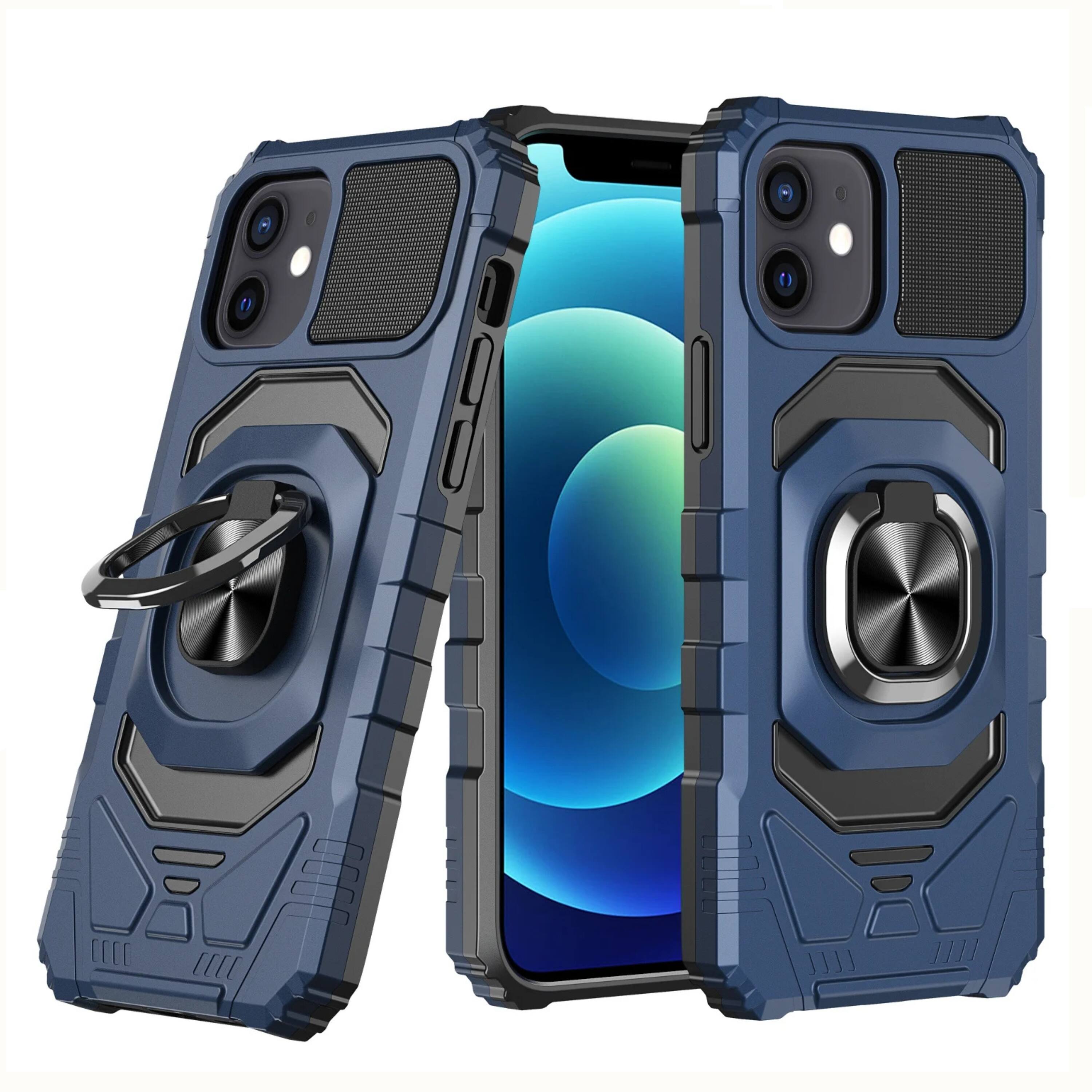 Front. Kitcheniva - Magnetic Ring Stand Hybrid Case With Tempered Glass For iPhone 12 12 Pro Dark Blue - Blue.