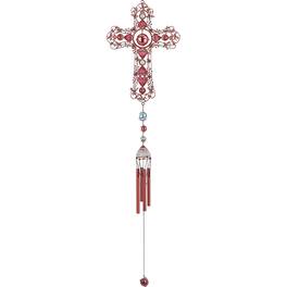 FC Design - 38" Long Pink Cross Wind Chime with Copper Gem Outdoor Patio or Garden Hanging Decoration - Multi-Color