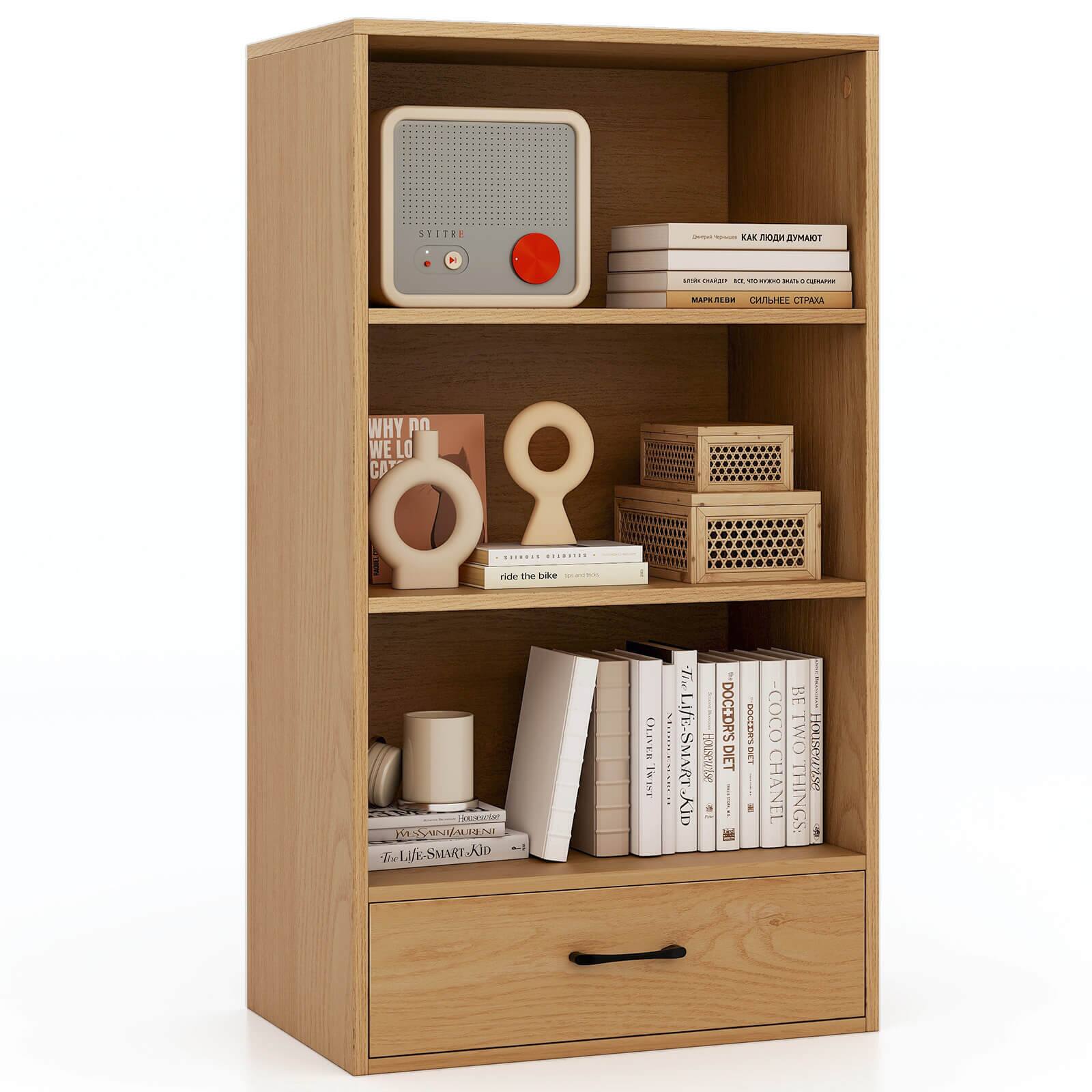 Costway - 4-Tier Bookcase 42.5" Display Bookshelf Storage Organizer with Shelves & Drawer - Natural