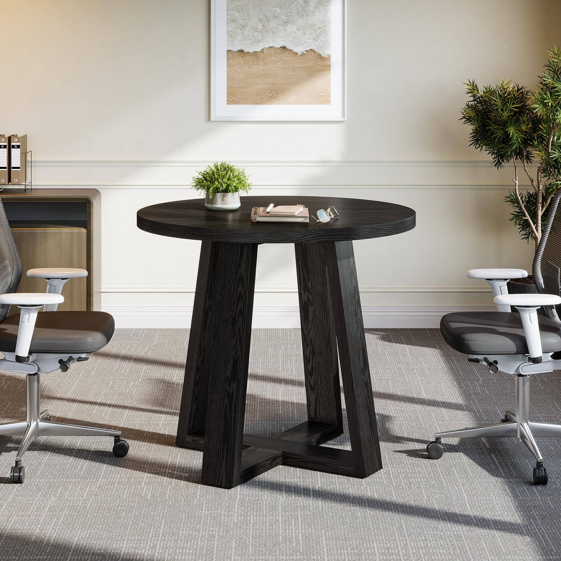 Alt View 2. Tribesigns - 31.5-Inch Round Conference Table with Sturdy Wood Base for Small Office Meeting Rooms - Black.
