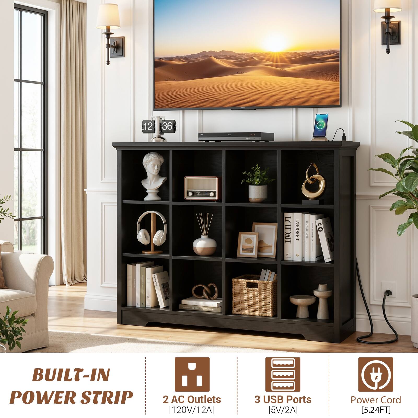 12 36 NCHJ ISHBROCI | BUILT-IN POWER STRIP  
2 AC Outlets [120V/12A]  
3 USB Ports [5V/2A]  
Power Cord [5.24FT]