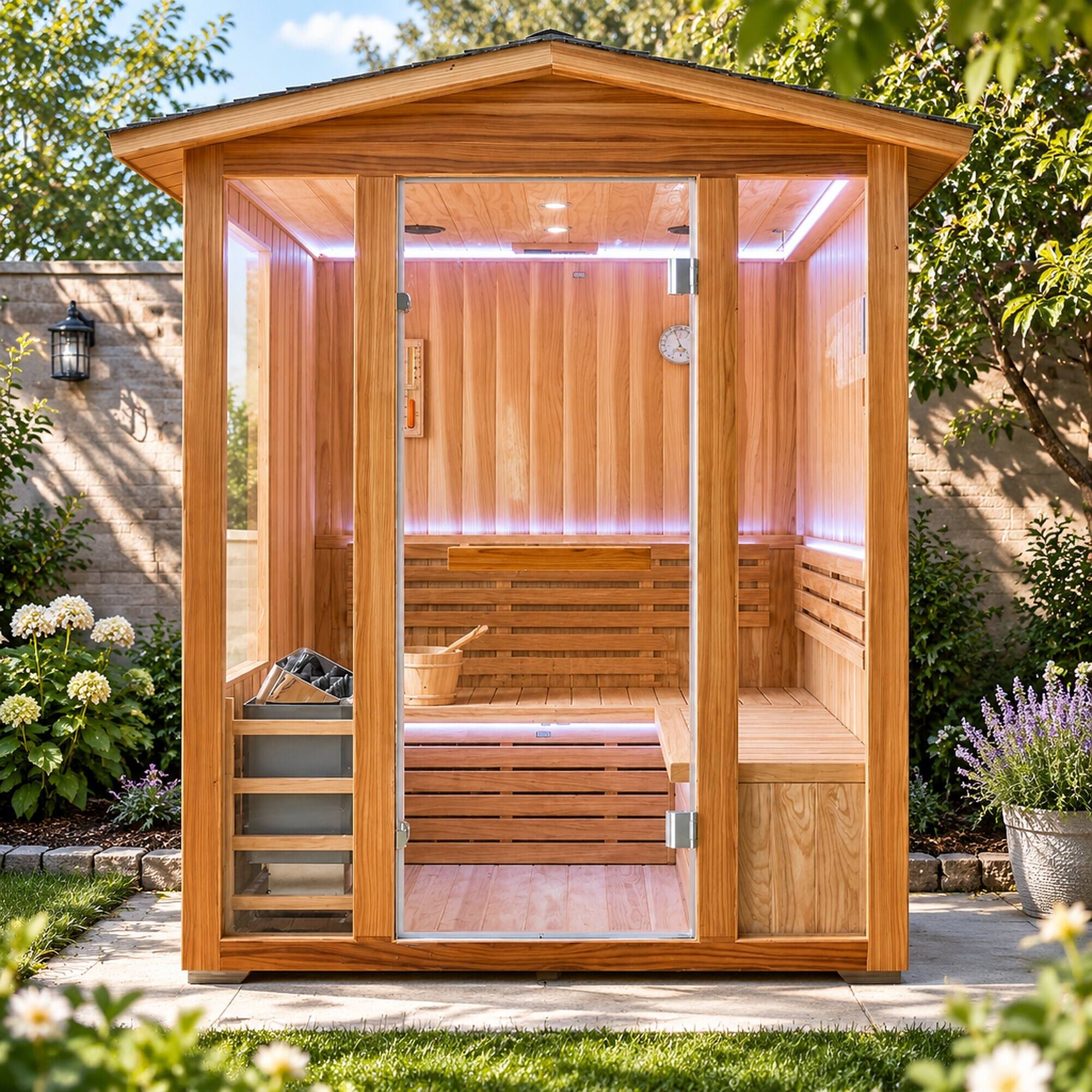 Alt View 2. RYHNUYNE - 6000W Outdoor Traditional Steam Sauna, Cedar Wood, 4 Person, 240V, 150 x 140 x 208 cm - Ameican White Oak.