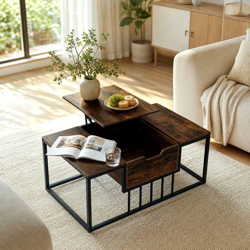 Angle. WELLFOR - Modern Lift Top Coffee Table with Hidden Compartment, Rectangle Center Table for Living Room - Rustic Brown.