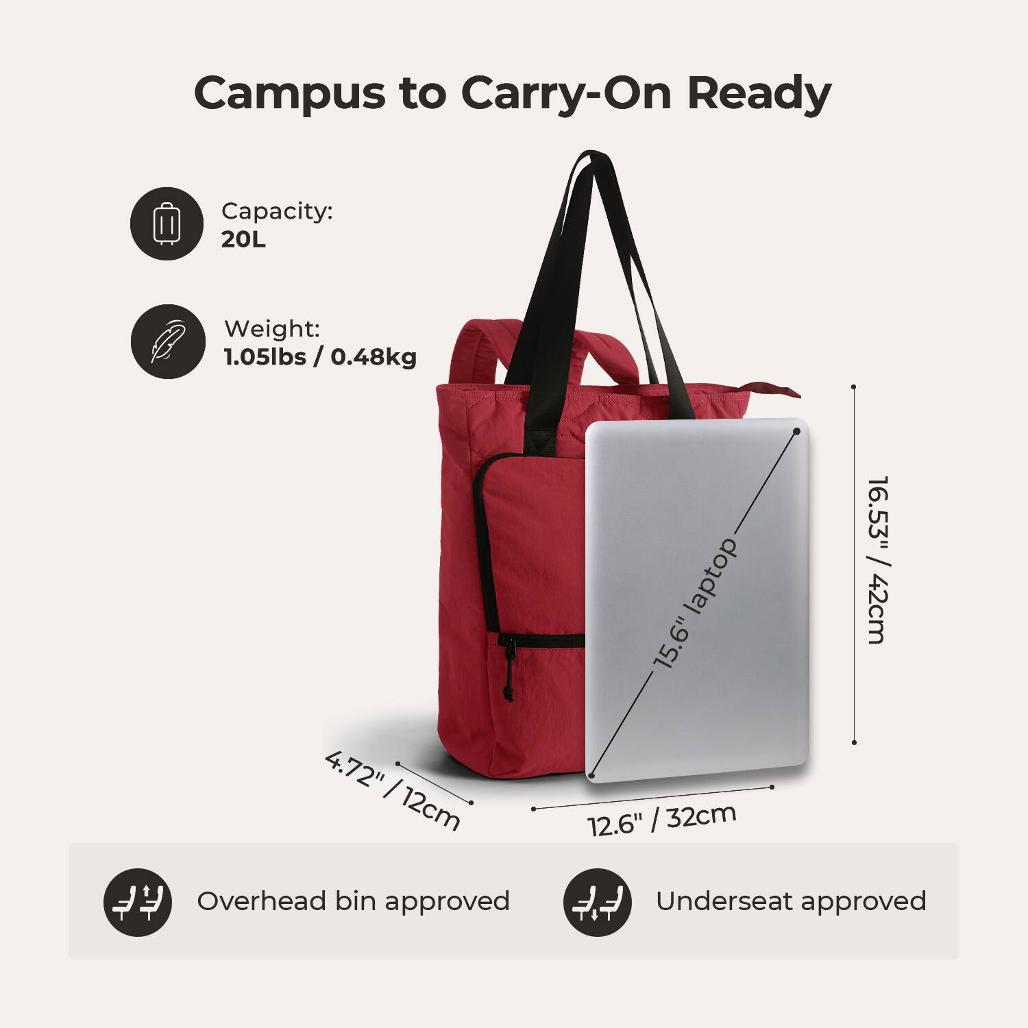 Campus to Carry-On Ready

Capacity: 20L

Weight: 1.05lbs / 0.48kg

Dimensions:
- 4.72" / 12cm
- 16.53" / 42cm
- 15.6" laptop
- 12.6" / 32cm

Overhead bin approved

Underseat approved