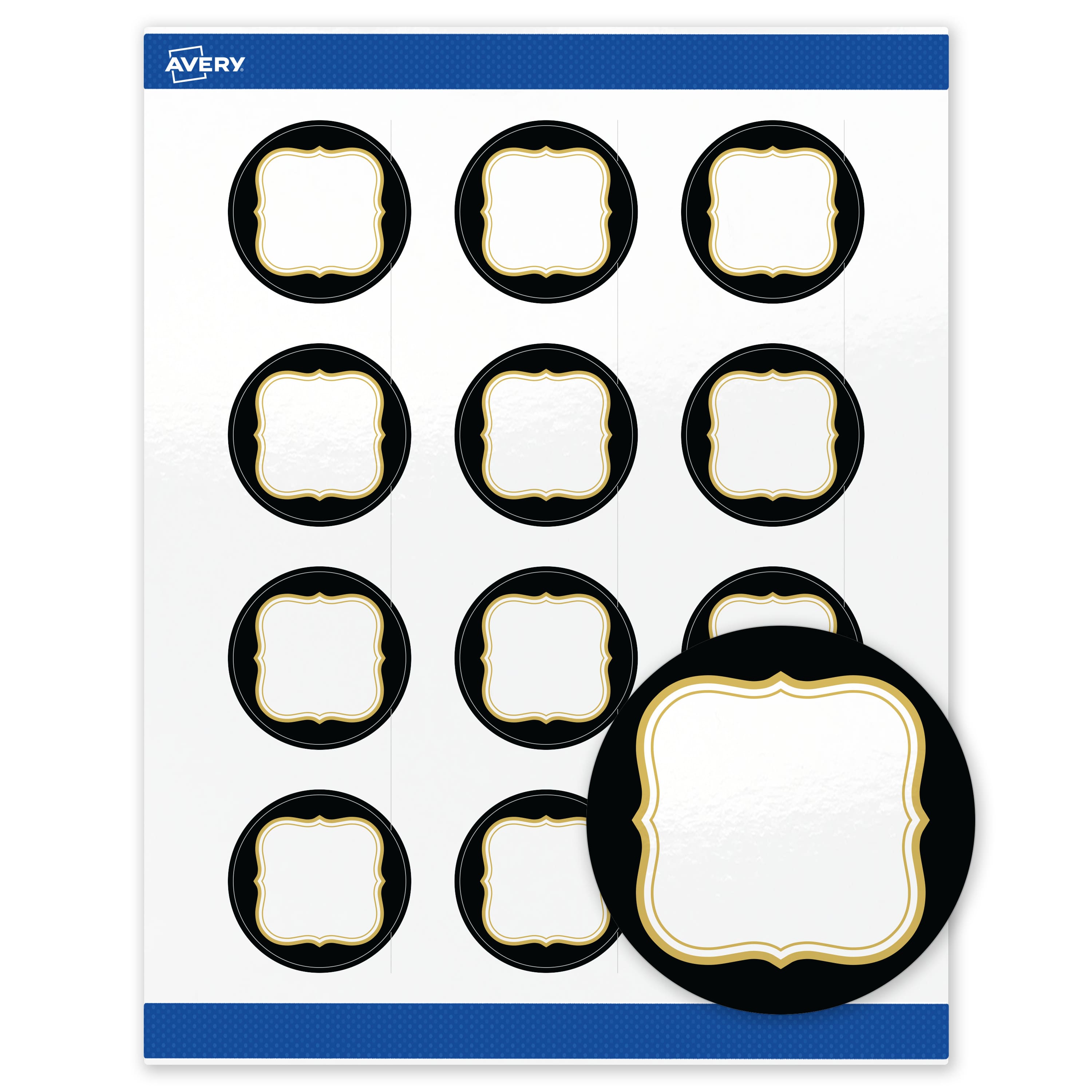Avery - Labels, 2" Diameter, Glossy Black/Gold Flourish - White