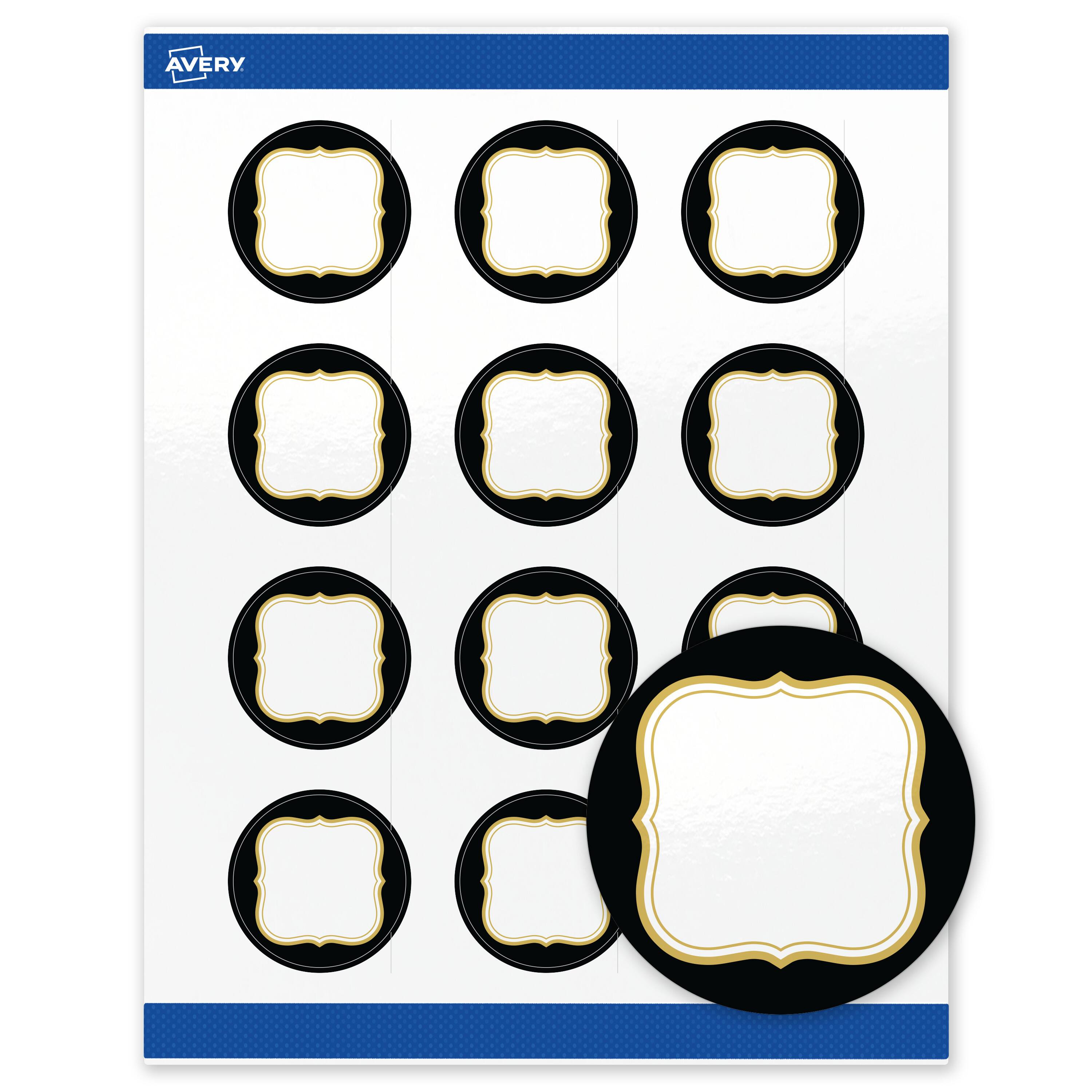 Front. Avery - Avery Labels, 2" Diameter, Glossy White, Black/Gold Flourish - White.