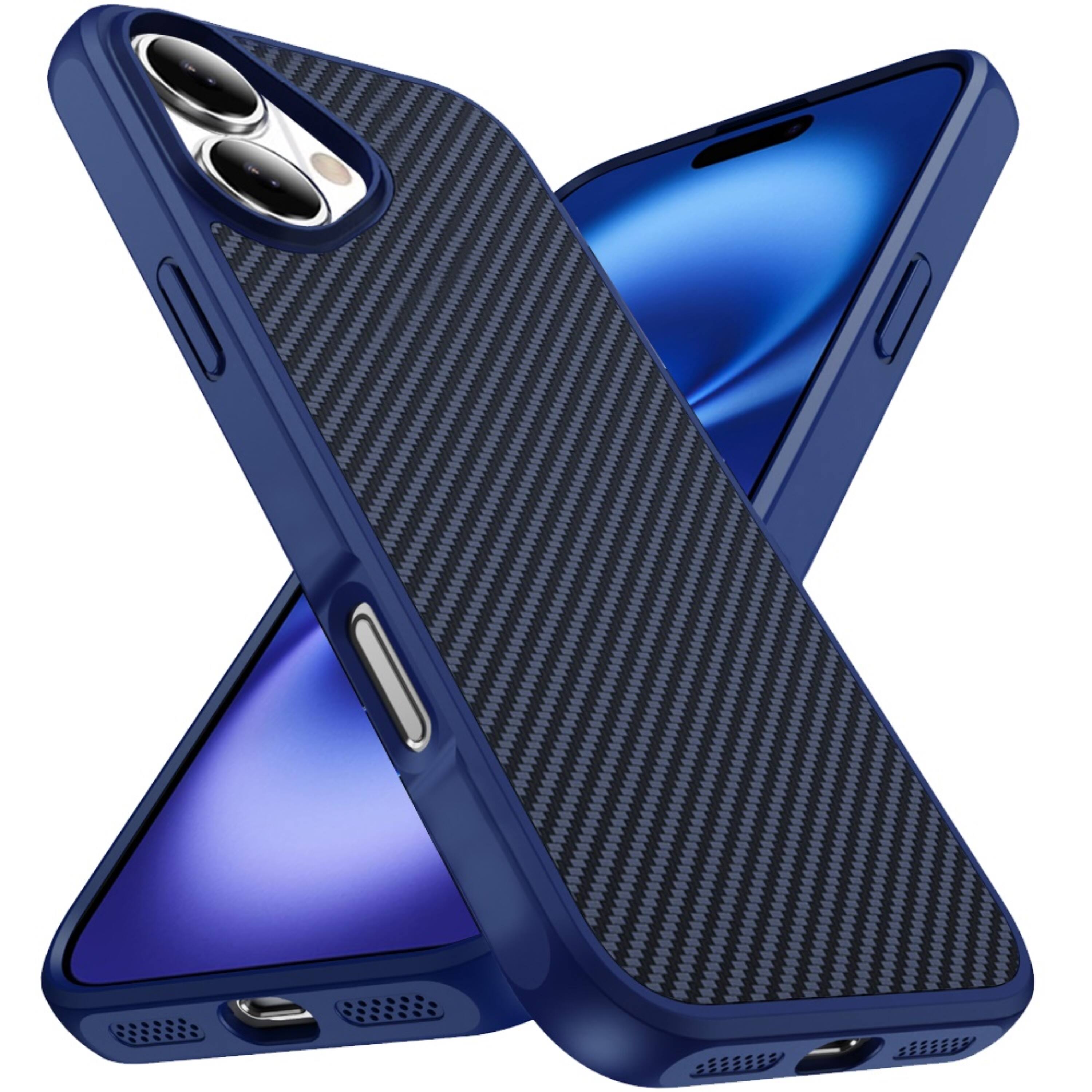 Left. Kitcheniva - Carbon Fiber Print Hidden Magnetic Circle Phone Case With Tempered Glass For iPhone 17 Navy Blue - Navy Blue.