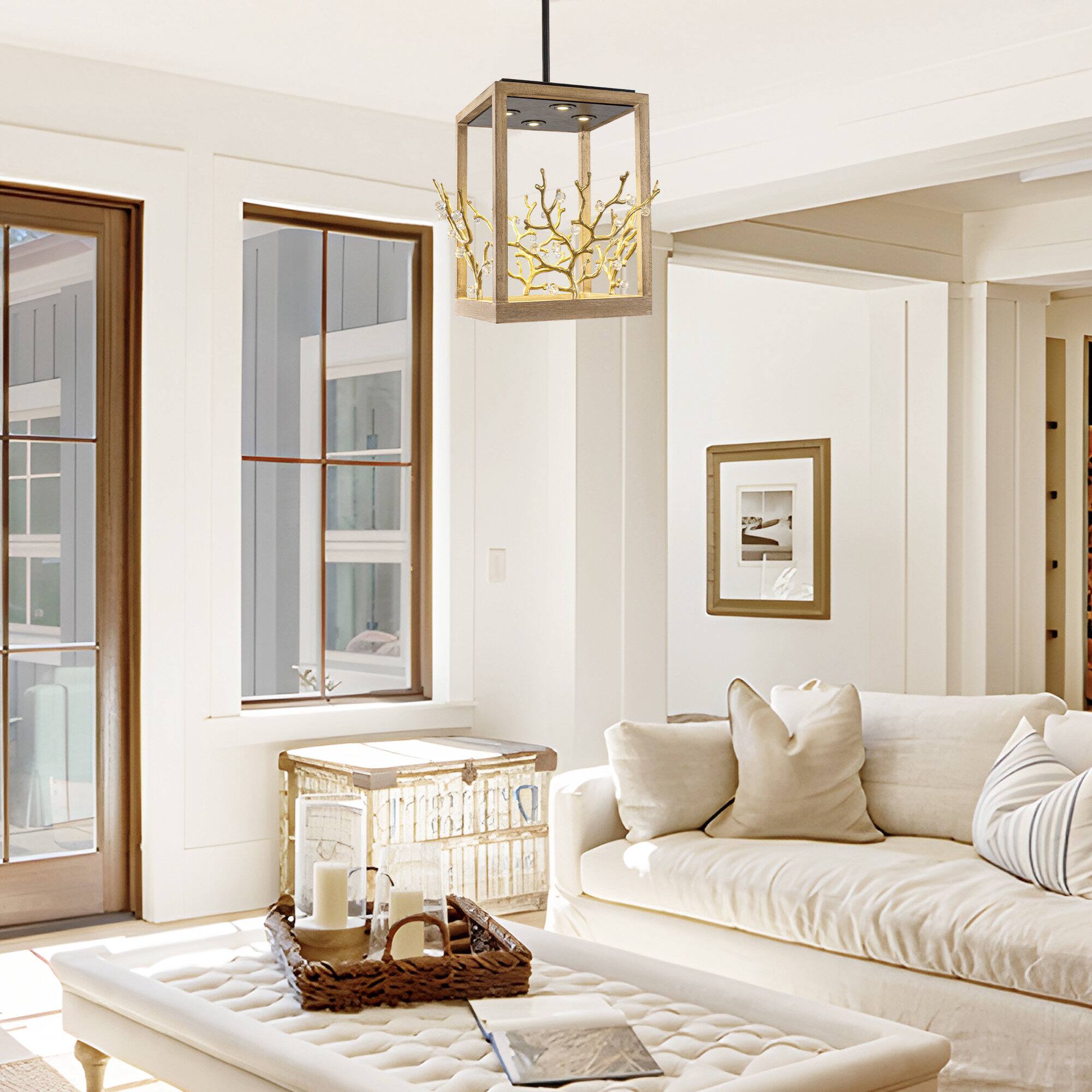 Back. Parrot Uncle - 18.5 in. 4-Light Matte Black Modern Cube Caged Chandelier - Gold.