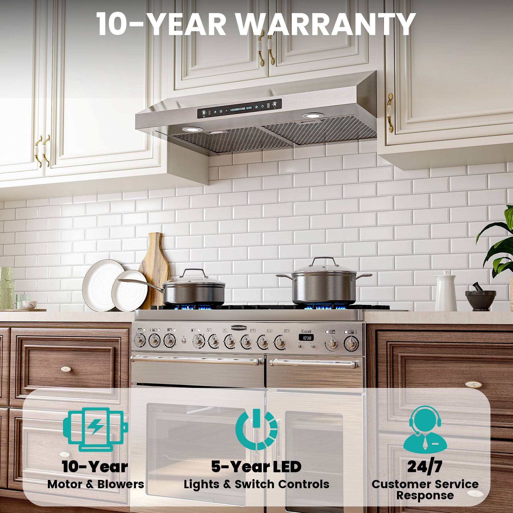 10-YEAR WARRANTY

- 10-Year Motor & Blowers
- 5-Year LED Lights & Switch Controls
- 24/7 Customer Service Response