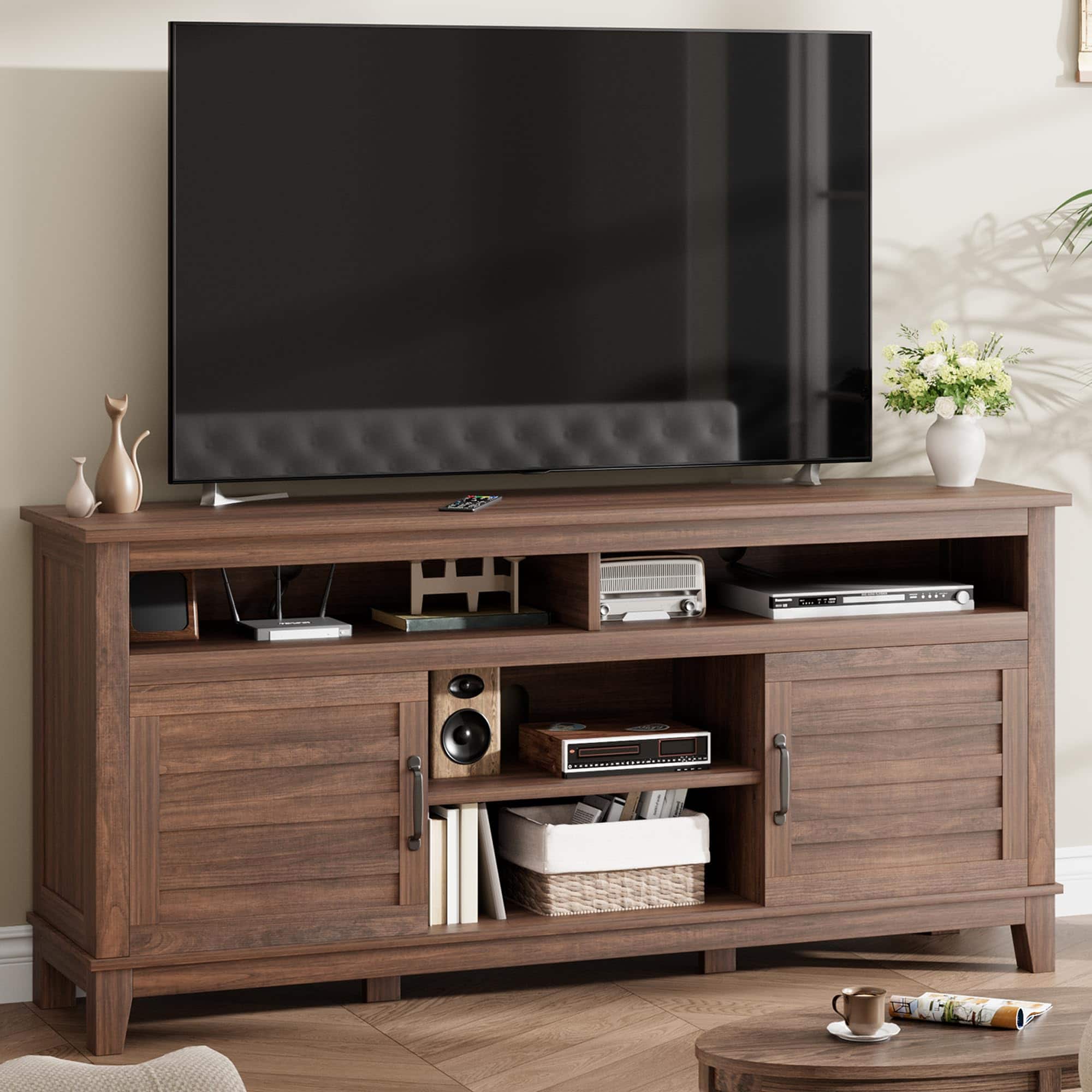 GAOMON - 63" Farmhouse TV Stand for 65" TVs, Entertainment Center with Adjustable Shelves & Cabinet Doors - Brown