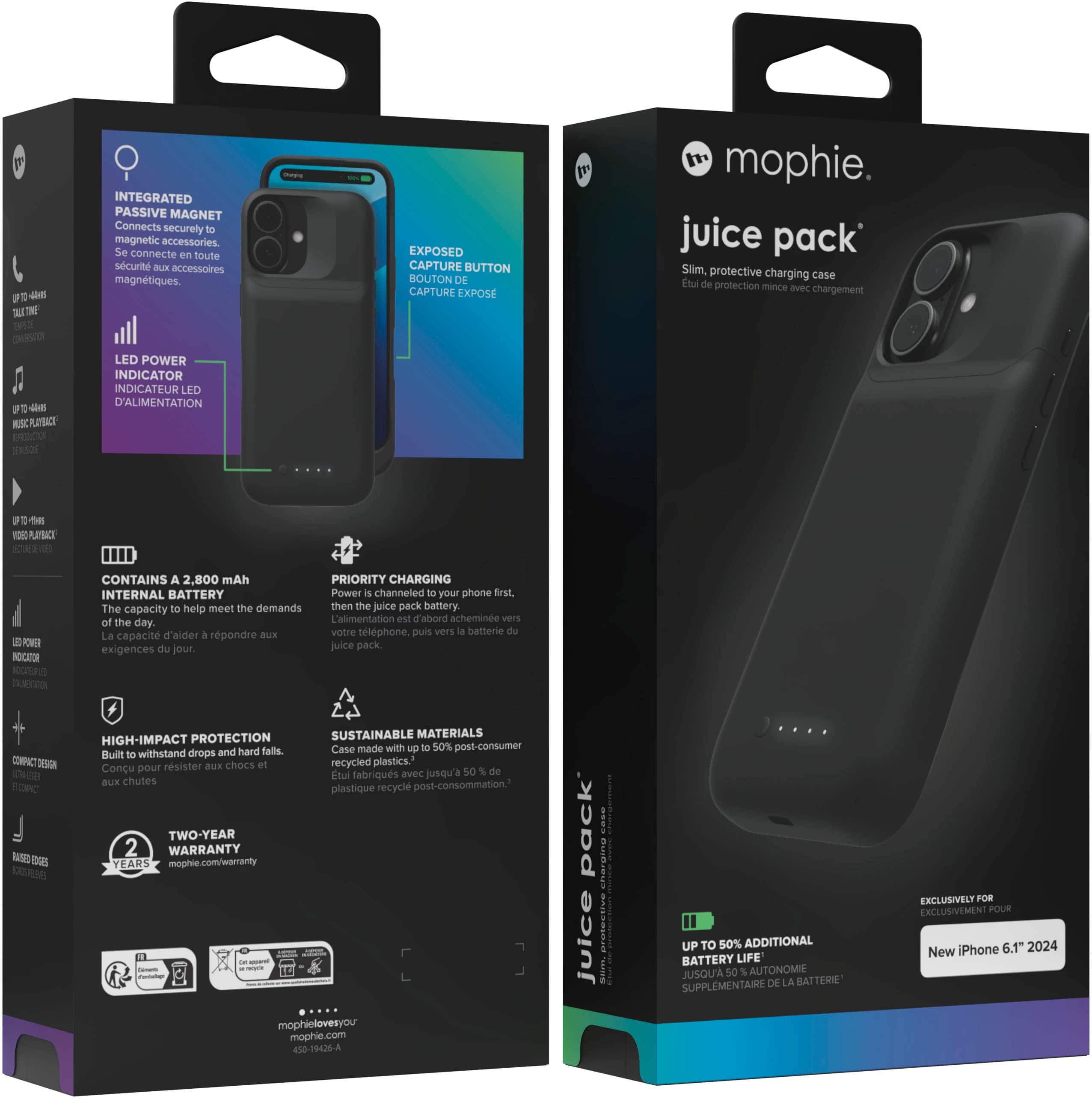 The image features a mophie juice pack, which is a portable charger for smartphones. The juice pack is designed to provide power to the phone and protect it from drops and impacts. The pack is made with sustainable materials, including high-impact plastic and up to 50% post-consumer recycled plastics. The pack also contains a 2.800 mAh internal battery, which is prioritized to charge the phone first before charging the juice pack itself. The pack is available in a black color and comes with a charging case.