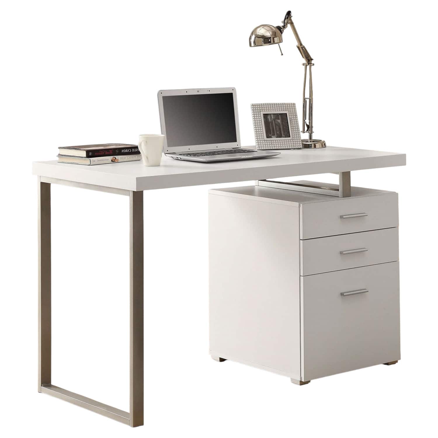 SlickBlue - Reversible Office Desk with File Drawer Storage, Modern Design - White