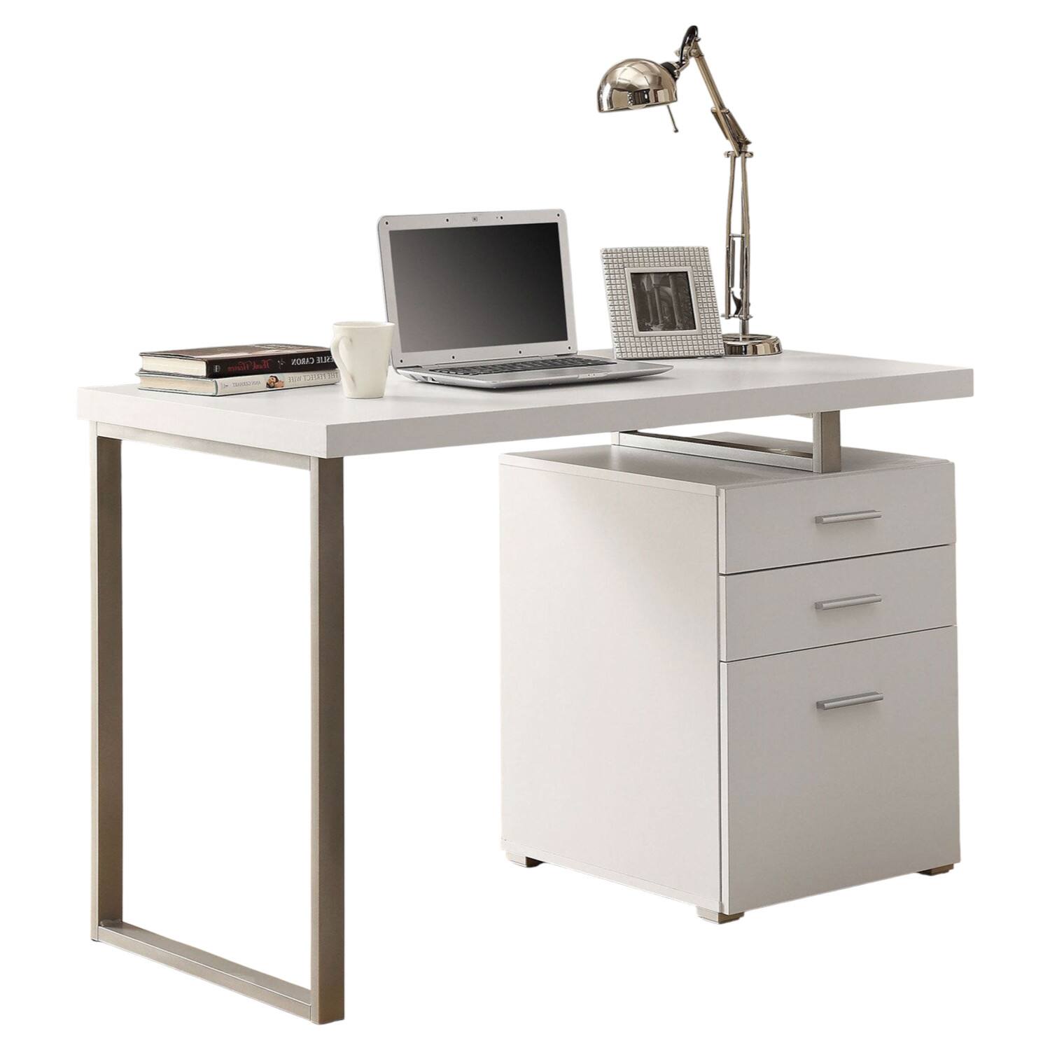 Front. SlickBlue - Reversible Office Desk with File Drawer Storage, Modern Design - White.