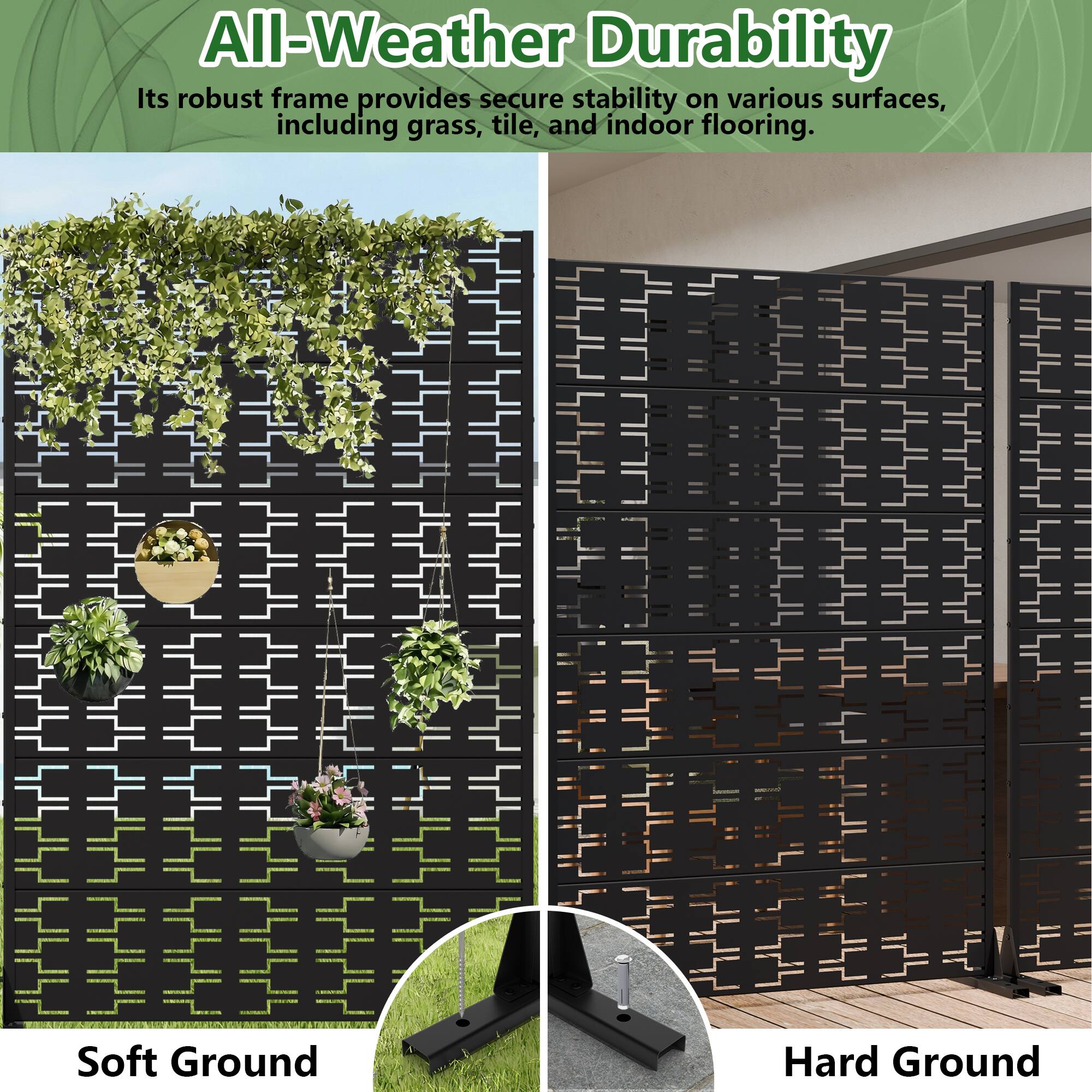 All-Weather Durability  
Its robust frame provides secure stability on various surfaces, including grass, tile, and indoor flooring.  

Soft Ground  
Hard Ground