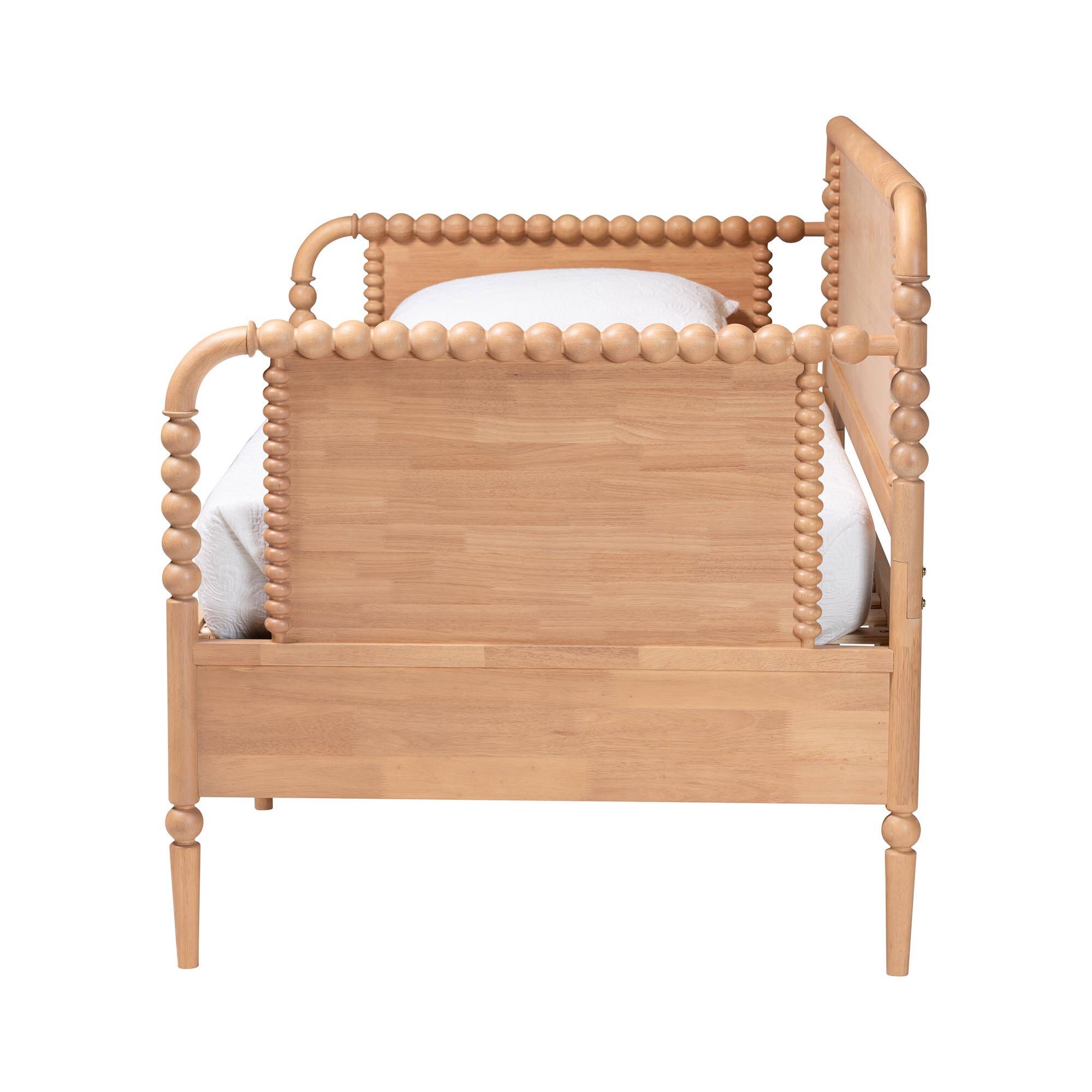 Left. Baxton Studio - Lucera 3-Drawer Daybed with Bobbin Frame, Full - Beech Brown.
