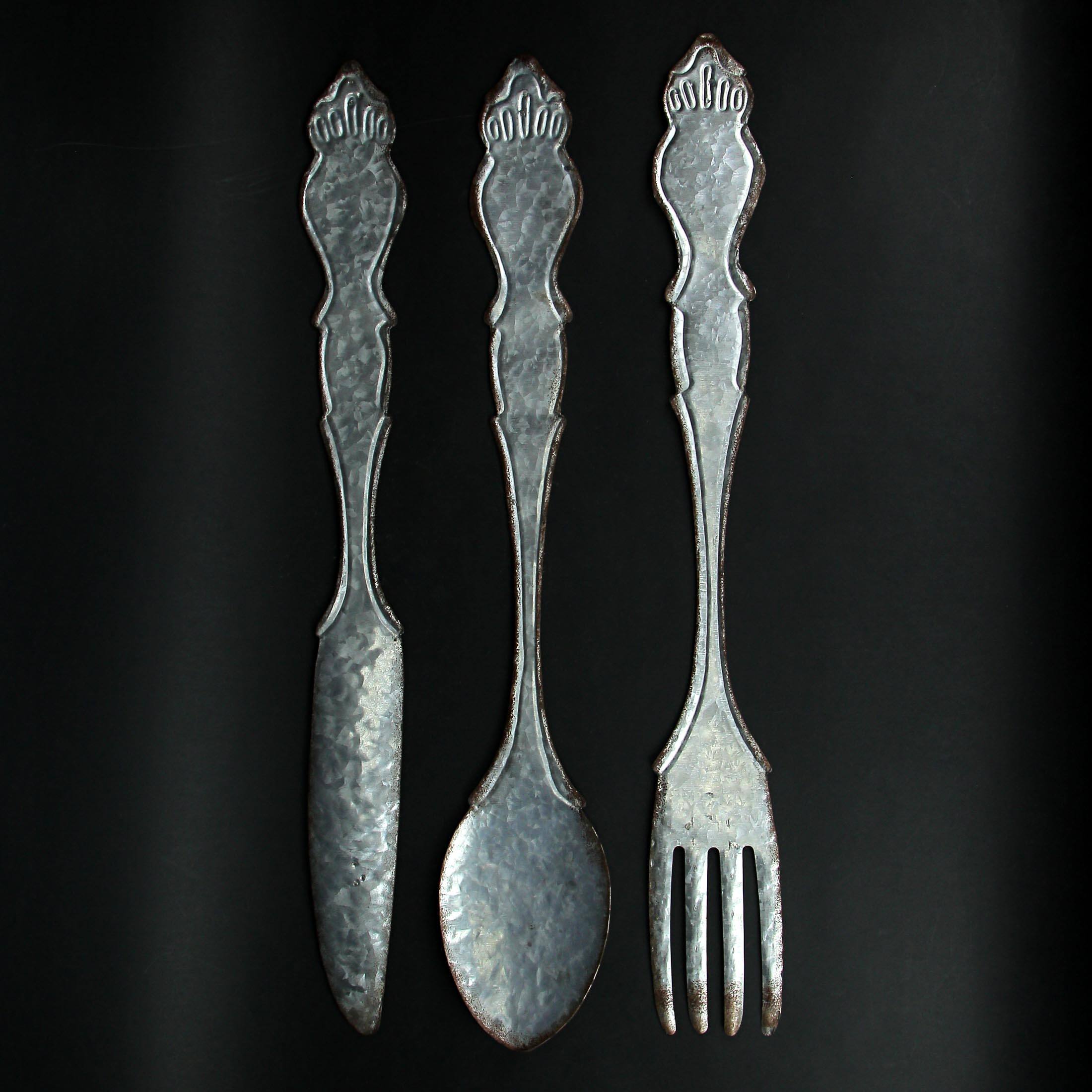 Alt View 8. Zeckos - Giant Galvanized Metal Fork Spoon Knife Farmhouse Kitchen Decor Wall Hanging Set - Gray.