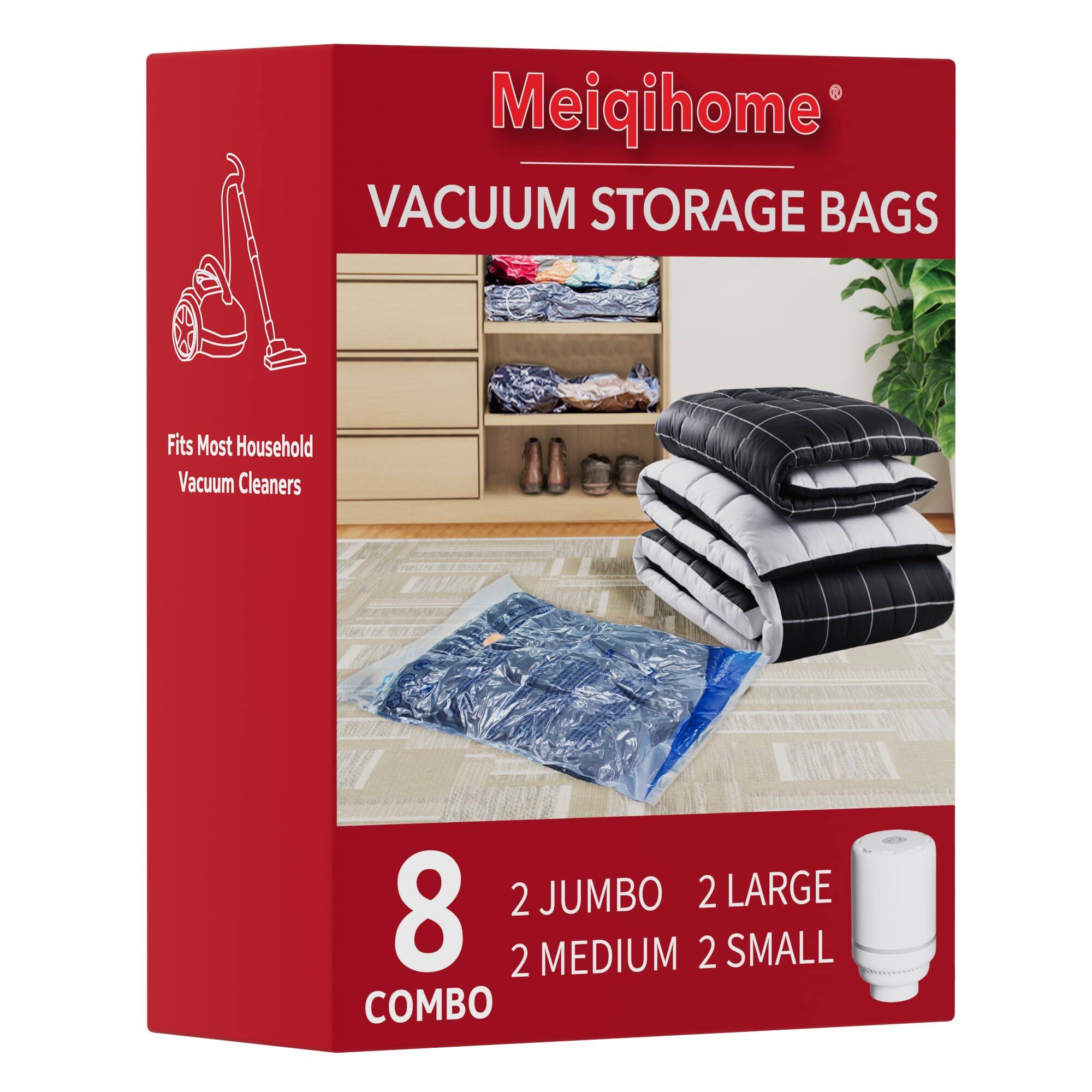 Meiqihome VACUUM STORAGE BAGS  
Fits Most Household Vacuum Cleaners  
10 0 2 JUMBO 2 LARGE 8 2 MEDIUM 2 SMALL COMBO